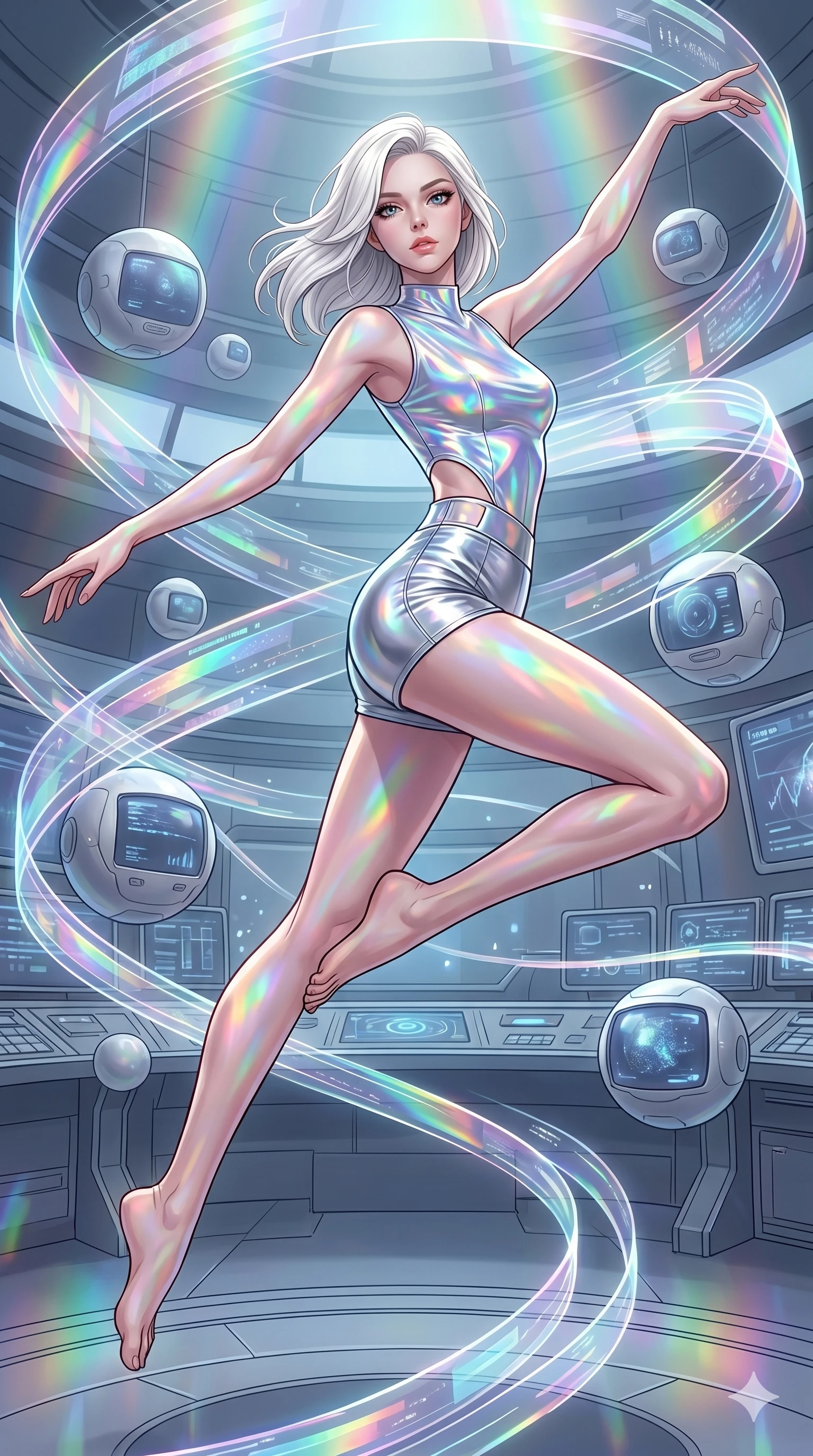 score_9, masterpiece, best quality, ultra-detailed, high-budget anime keyframe, editorial fashion photography, tasteful artistic composition, Caucasian woman, strictly human ears. low angle full-body shot from head to toe showing her feet, filling the entire 9:16 vertical frame with her statuesque presence, stretching her vertical silhouette. leaping through inside a cybernetic control room filled with floating spherical monitors as floating holographic data ribbons swirl in a graceful orbit. She has an absolutely perfect 8-heads proportion, an exceptionally tall and slender female figure with impossibly long slender legs and an ultra-slim waist. V-shaped jawline, high-bridge nose, intricate jewel-like eyes with depth, thick eyelashes, glossy lips with a natural sheen.. wearing a holographic liquid silk vest and silver metallic high-waist fitted shorts, featuring a architectural waist window detail and form-fitting silhouette. illuminated by an ethereal prismatic light source that casts rainbow patterns on her skin and clothing. 2k, ultra detail, master piece, 9:16 ratio