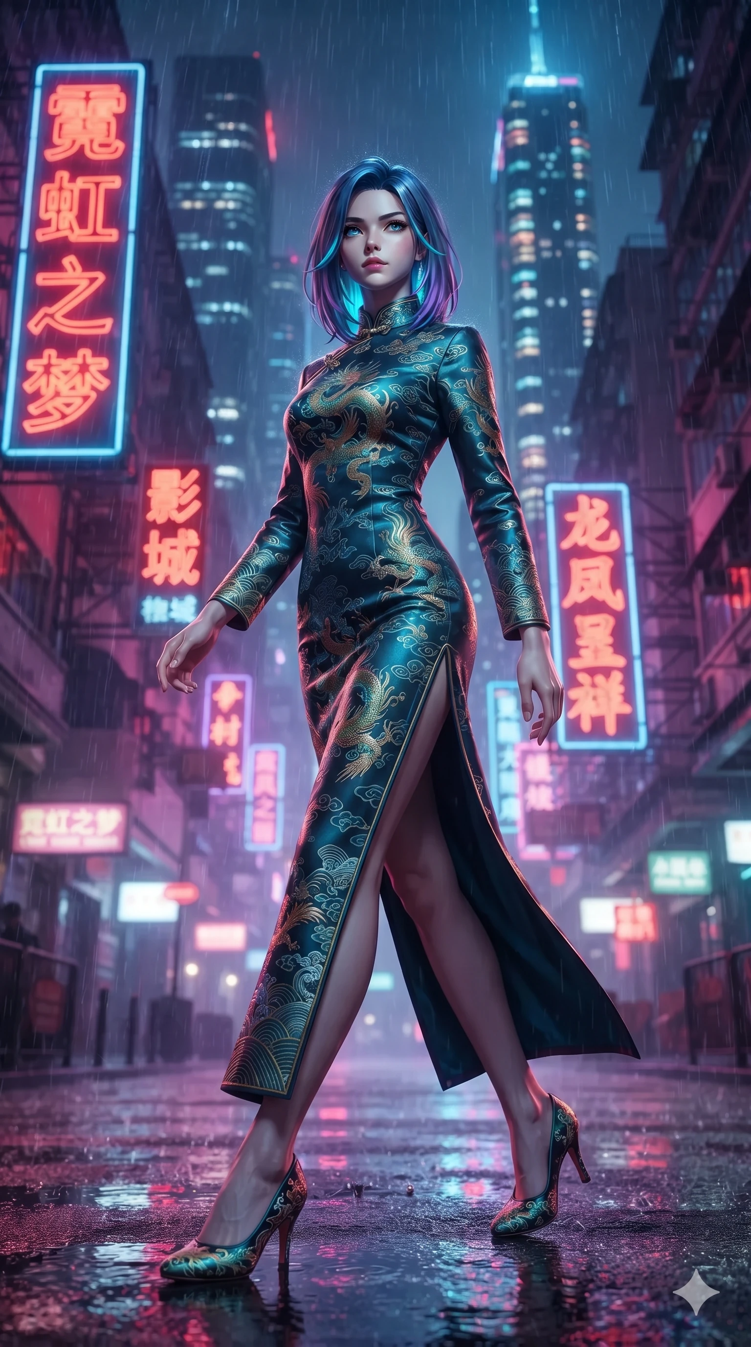 score_9, masterpiece, best quality, ultra-detailed, high-budget anime keyframe, editorial fashion photography, tasteful artistic composition, Caucasian woman. low angle full-body shot from head to toe showing her feet, filling the entire 9:16 vertical frame with her statuesque presence, stretching her vertical silhouette. stepping forward in a confident stride, her long slender legs and curvaceous hips creating a dynamic, sweeping vertical line while twisting her slender torso in an alluring contrapposto, vibrant scarlet and violet billboard reflections tracing her flat midriff and hourglass curves. The background shows a soft-focus colossal vertical neon Chinese character signs, illuminated skyscrapers, and dense flying rain mist blurred into scarlet, violet, and obsidian bokeh. She has an exceptionally tall and slender model-like 8.5-heads proportion, an ultra-slim waist, a flat toned midriff, narrow delicate ribcage, and beautifully sculpted feminine hips creating a graceful, slim hourglass silhouette without any bulky heaviness, with impossibly long slender legs. sharp v-shaped jawline, high-bridge nose, intricate jewel-like sparkling eyes with depth, thick eyelashes, glossy parted lips with a natural sheen, intensely captivating and seductive bedroom-eyes expression, exuding both youthful cute charm and sovereign luxury allure, flawlessly proportioned anatomical accuracy, strict slender model proportions, natural body alignment, perfectly sculpted long slender limbs, ultra-slim waistline, clean dynamic posture without body distortion. wearing an aristocratic high-neck Mandarin collar long-sleeve silk cheongsam evening gown with embroidered dragon-and-phoenix crests in celadon jade and antique gold-leaf, crafted from luxurious metallic lamé that shifts radiance with every step, finished with sleek jade frog closures glinting along her high collar, the bespoke structured tailoring following the natural line of her 8.5-heads silhouette with refined elegance. bathed in the intense, high-saturation glow of multi-colored neon signage reflecting off wet surfaces. ultra-reflective glossy finish, specular highlights, rich textural contrasts, high-contrast stereoscopic depth, volumetric dynamic lighting, 2k, ultra detail, master piece, 9:16 ratio