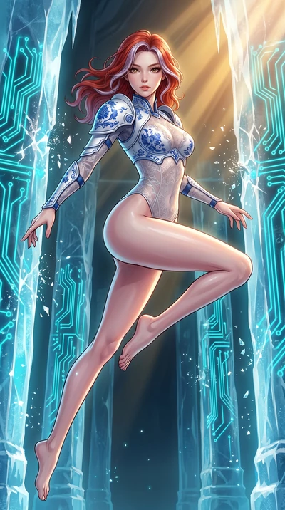 score_9, masterpiece, best quality, ultra-detailed, high-budget anime keyframe, Japanese woman. low angle full-body shot filling the entire 9:16 frame with her statuesque presence, stretching the vertical silhouette. leaping inside a sub-zero cyberne