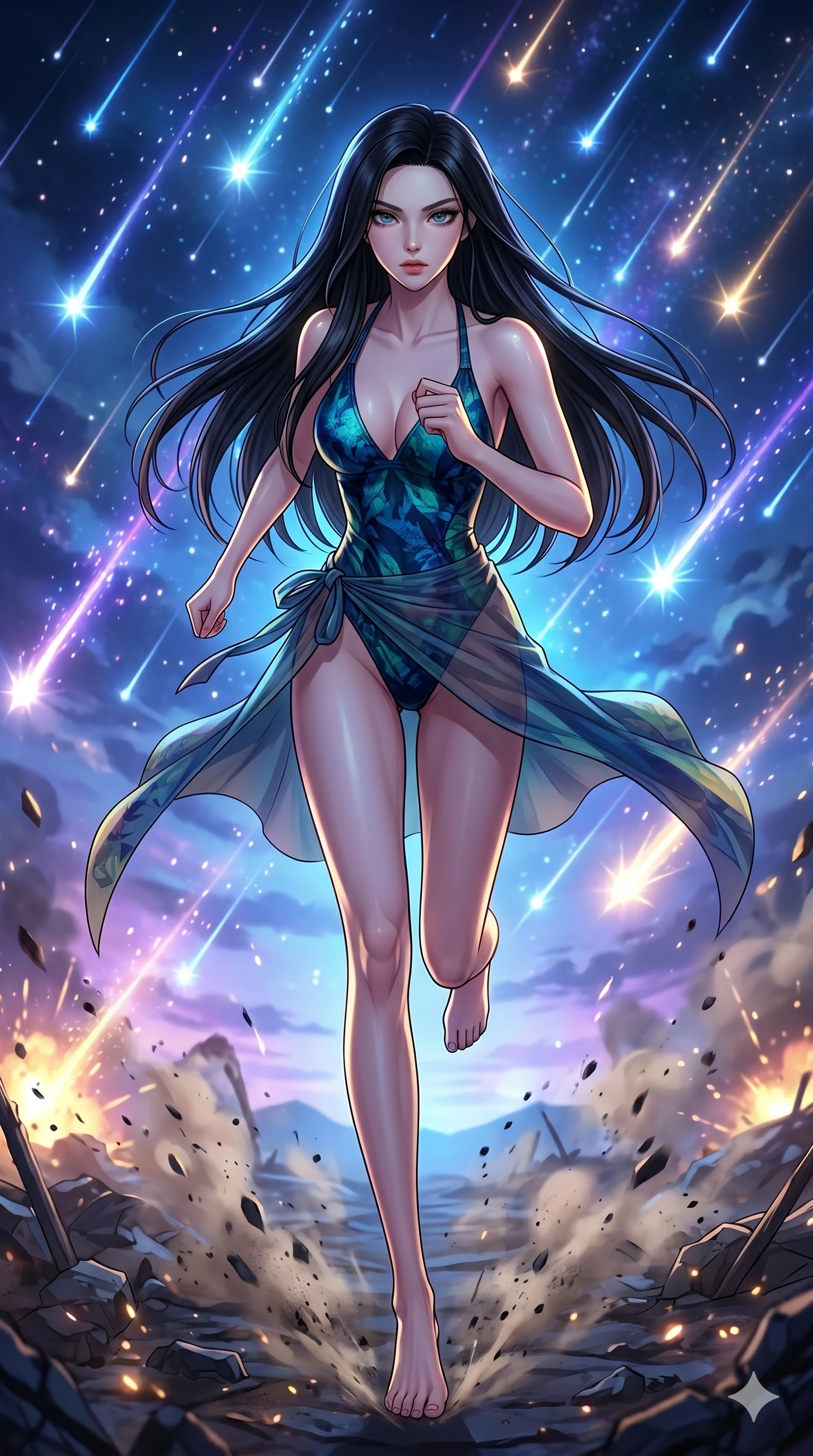 score_9, masterpiece, best quality, ultra-detailed, high-budget anime movie keyframe, cinematic anime lighting, intricate line art, Korean anime girl. Dynamic full-body shot stretching the vertical silhouette with extreme perspective. sprinting through a battlefield under a rain of falling stars. She has an absolutely perfect 8-heads proportion, an exceptionally tall and slender female figure with an ultra-slim waist and impossibly long slender legs. strictly human anatomy, two legs only, no extra limbs, clearly defined legs and arms, perfect anatomy, perfect hands and fingers. sharp v-shaped jawline, high-bridge nose, intricate jewel-like eyes, thick eyelashes, glossy lips. Wearing Seasonal/Resort: High-cut one-piece with sarong, linen sundress with tie-back, and sheer fabric wrap. The scene is illuminated by dramatic atmospheric lighting and vibrant color palettes. , 2k, ultra detail, master piece, 9:16 ratio