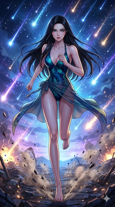 score_9, masterpiece, best quality, ultra-detailed, high-budget anime movie keyframe, cinematic anime lighting, intricate line art, Korean anime girl. Dynamic full-body shot stretching the vertical silhouette with extreme perspective. sprinting throu