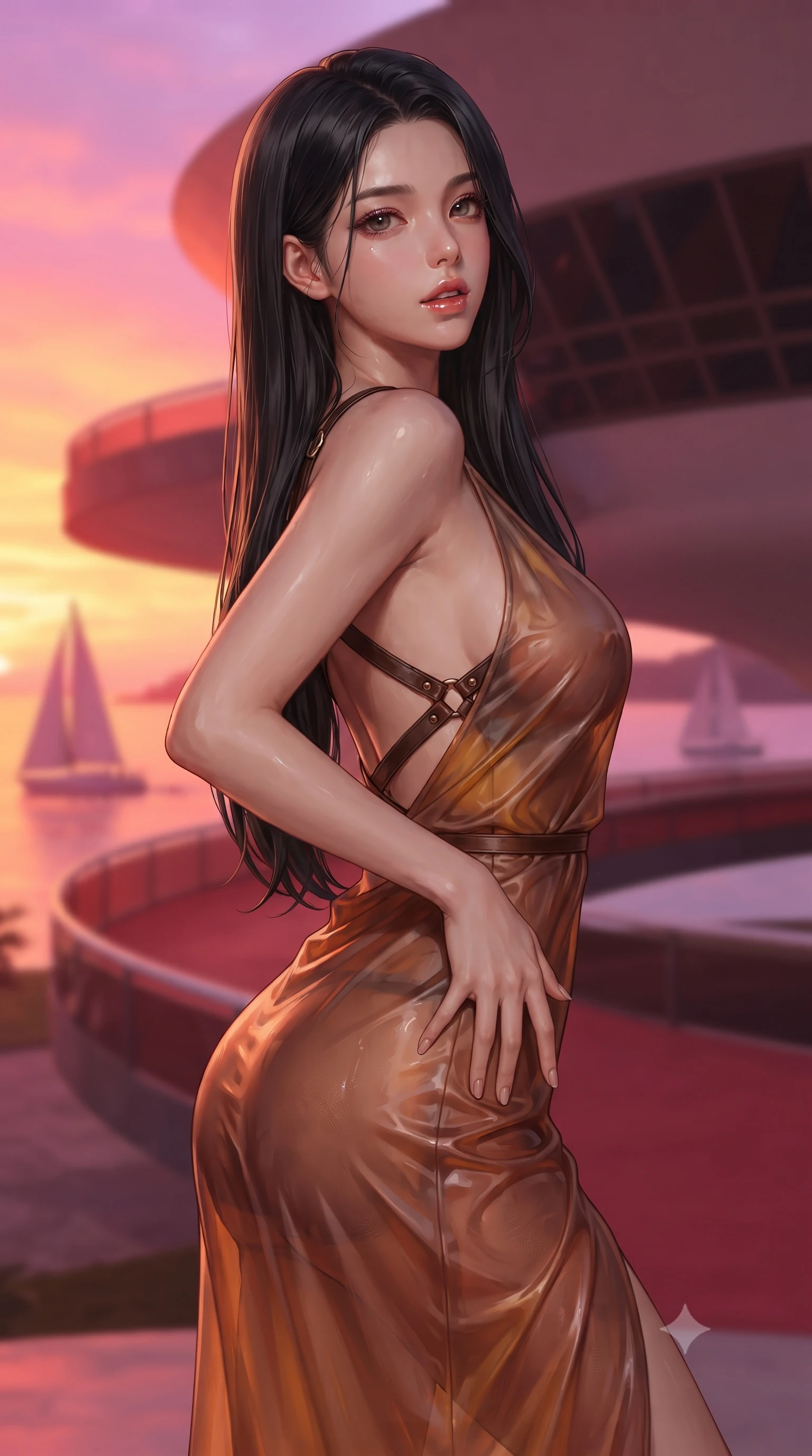 score_9, masterpiece, best quality, ultra-detailed, high-budget anime keyframe, editorial fashion photography, tasteful artistic composition, Korean woman. close-up cowboy shot from the waist and thighs up, the character dominates the composition, filling the frame with her large presence. resting one manicured hand delicately on her hip bone, her upper body turning in a fluid, seductive S-curve while parted lips glisten in the light while standing poised at the apex of the futuristic flying saucer museum terrace, twisting her slender torso in an alluring S-curve in the tropical twilight. The composition keeps background elements in soft focus with creamy bokeh. sweeping red concrete ramp curves and passing sailboats softened in cinematic tropical shallow focus. She has an exceptionally elegant, slender, and willowy female figure with an ultra-slim waist, flat toned midriff, narrow ribcage, and sculpted feminine hips creating an alluring, slim hourglass silhouette without bulk. sharp v-shaped jawline, high-bridge nose, intricate jewel-like eyes with depth, thick eyelashes, glossy parted lips with a natural sheen, intensely captivating and seductive bedroom-eyes expression, flawlessly proportioned anatomical accuracy, strict slender model proportions, natural body alignment, perfectly sculpted long slender limbs, ultra-slim waistline, clean dynamic posture without body distortion. wearing a delicate semi-translucent silk yukata that clings to her wet skin and curvy hip contours in rich copper bronze and warm amber, tailored from ultra-smooth duchess satin with a pearlescent sheen, featuring an open-back criss-cross harness strap in dark leather, the glove-like aerodynamic silhouette tightly following the natural contour of her hips and long slender legs with statuesque 8.5-heads elegance. bathed in vibrant tropical sunset glow in vivid shades of tangerine and magenta. ultra-reflective glossy finish, specular highlights, rich textural contrasts, high-contrast stereoscopic depth, volumetric dynamic lighting, 2k, ultra detail, master piece, 9:16 ratio