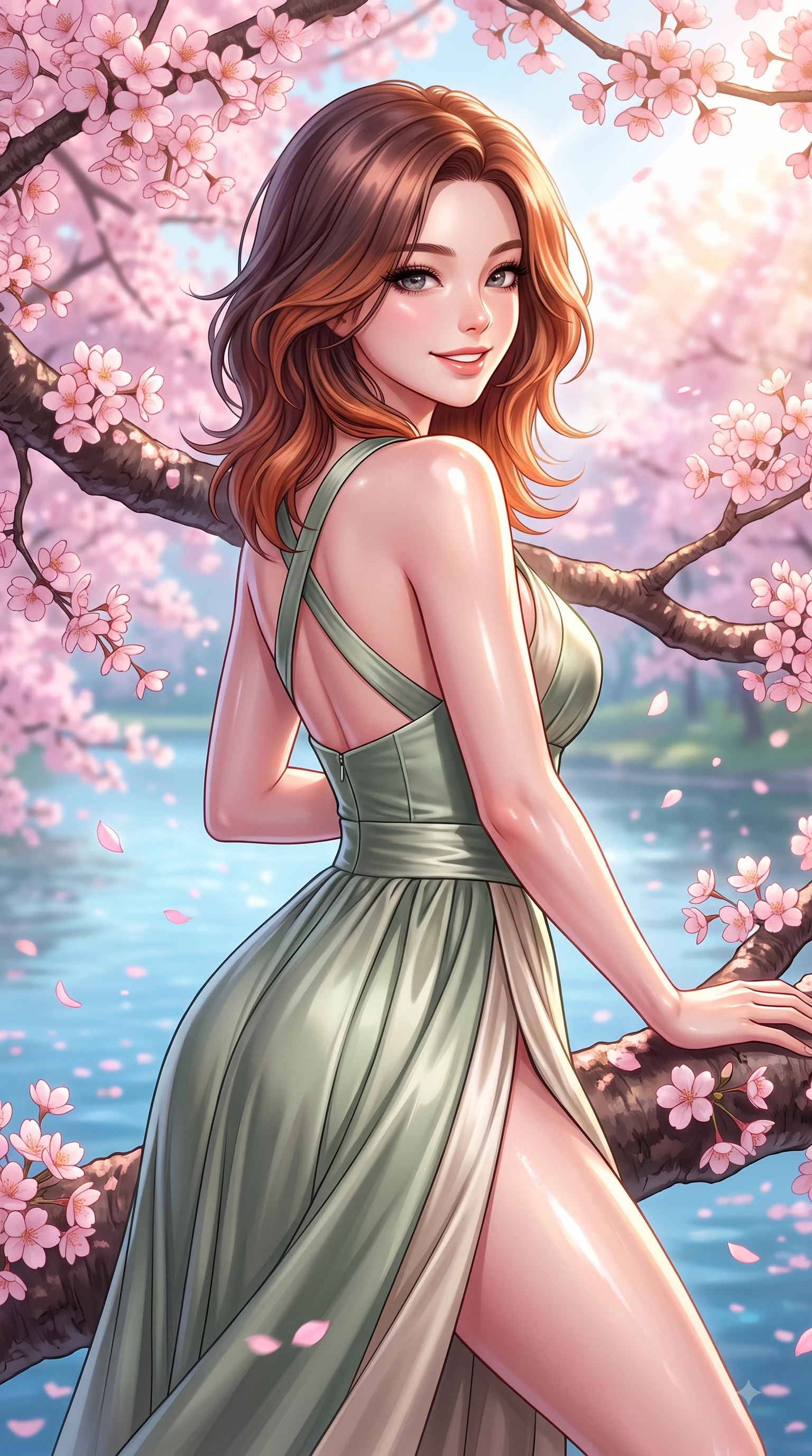 score_9, masterpiece, best quality, ultra-detailed, high-budget anime keyframe, editorial fashion photography, tasteful artistic composition, Korean woman. close-up cowboy shot from the waist and thighs up, the character dominates the composition, filling the frame with her large presence, background elements kept in soft focus. Warm delightful smile while casting a playful, joyful side-gaze with heavy lashes and a glowing expression while resting cheerfully against a blooming sakura branch as golden morning sunbeams fill the air, dense canopies of pink cherry blossoms scattering petals across the clear blue lake. She has an exceptionally elegant, slender, and willowy female figure with an ultra-slim waist, a gracefully sculpted slender torso, and a refined silhouette. sharp v-shaped jawline, high-bridge nose, intricate jewel-like eyes with depth, thick eyelashes, glossy lips with a natural sheen, flawlessly proportioned anatomical accuracy, natural body alignment, perfectly sculpted elegant limbs, clean dynamic posture without body distortion. wearing a modern fusion silk hanbok dress with a structured bodice and flowing skirt in sage green and oatmeal, crafted from lustrous satin jersey with fluid draping, complemented by criss-cross back straps highlighting her bare shoulders, the tailored fabric tightly following every curve of her athletic build. illuminated by soft glowing pink ambient light and clear sky refractions. ultra-reflective glossy finish, specular highlights, metallic sheen, high-contrast stereoscopic depth, volumetric dynamic lighting, 2k, ultra detail, master piece, 9:16 ratio