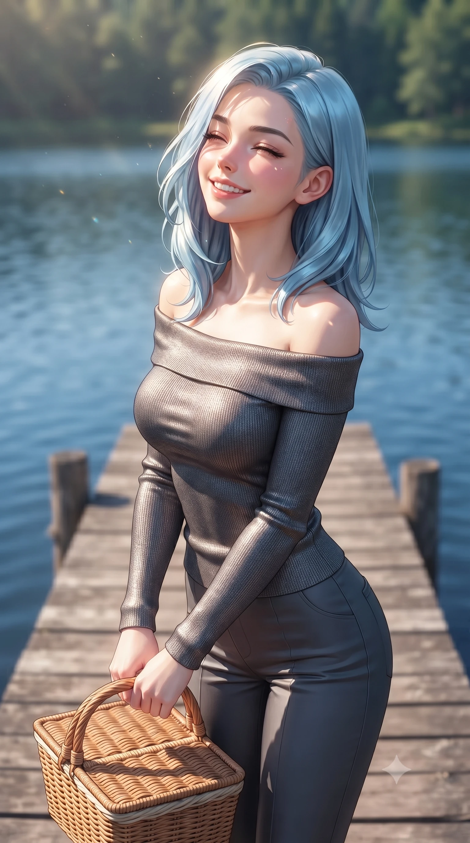 score_9, masterpiece, best quality, ultra-detailed, high-budget anime keyframe, editorial fashion photography, tasteful artistic composition, Korean woman. close-up cowboy shot from the waist and thighs up, the character dominates the composition, filling the frame with her large presence, background elements kept in soft focus. smiling happily with closed eyes, enjoying the warm sunbeams on her face set against a soft-focus background of on a quiet wooden pier extending into a calm, blue forest lake holding a woven picnic basket with a bright, cheerful expression. She has an exceptionally elegant, slender, and willowy female figure with an ultra-slim waist, a gracefully sculpted slender torso, and a refined silhouette. sharp v-shaped jawline, high-bridge nose, intricate jewel-like eyes with depth, thick eyelashes, glossy lips with a natural sheen. wearing tailored body-hugging off-shoulder knit top in charcoal, paired with tailored slim pants. bright daylight reflecting off the water, casting shifting ripples on her skin. ultra-reflective glossy finish, specular highlights, metallic sheen, high-contrast stereoscopic depth, volumetric dynamic lighting, 2k, ultra detail, master piece, 9:16 ratio
