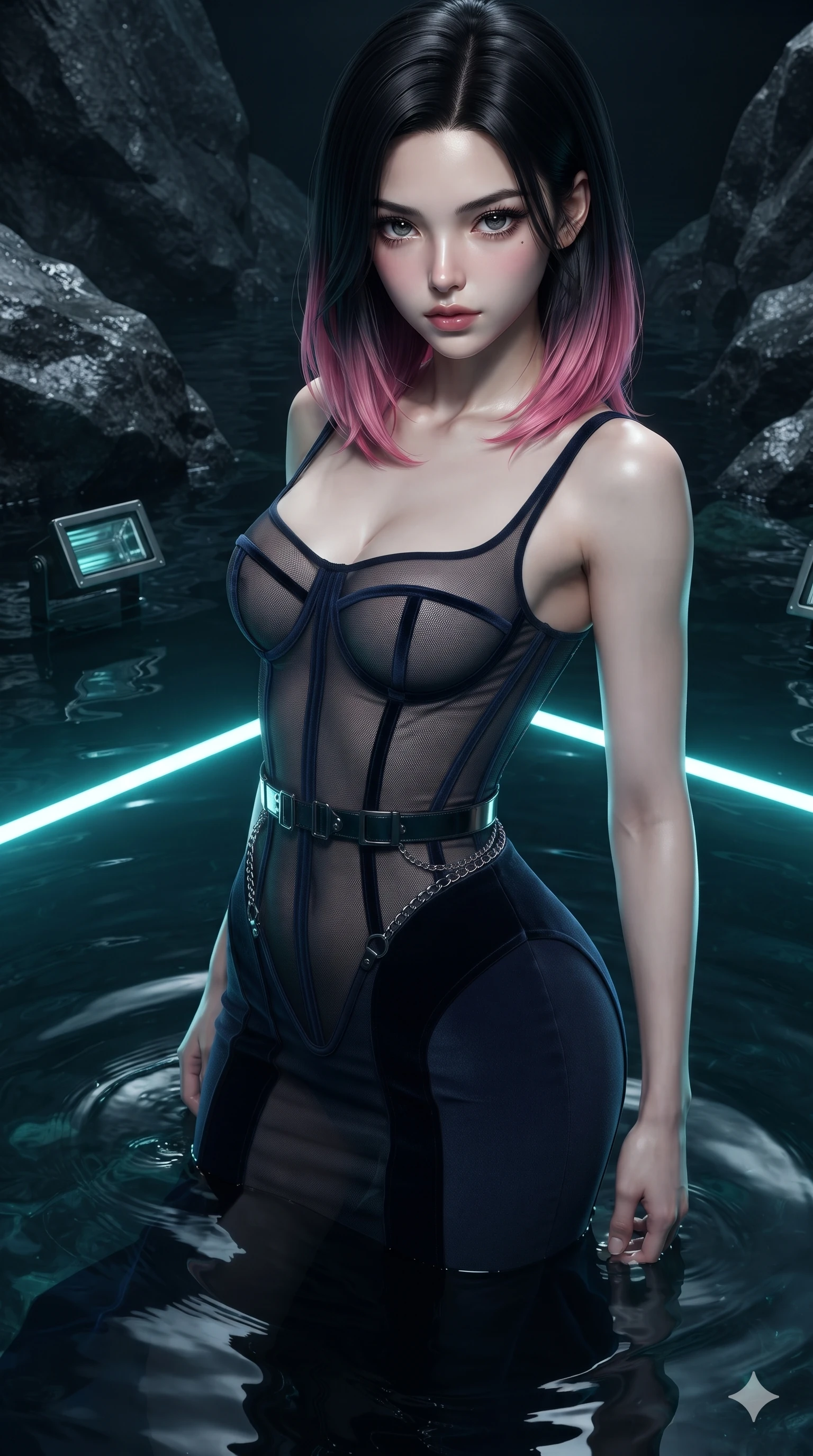 score_9, masterpiece, best quality, ultra-detailed, high-budget anime keyframe, editorial fashion photography, tasteful artistic composition, Korean woman. close-up cowboy shot from the waist and thighs up, the character dominates the composition, filling the frame with her large presence. twisting her slender torso in a deep contrapposto stance, hips dramatically shifted to accentuate her feminine curves while twisting her slender torso in an alluring contrapposto stance above the dark waters, submerged linear LED lights contouring her waist and hips. The surrounding environment is rendered in vivid detail and crisp panoramic clarity: sharp wet basalt rock grain, submerged stainless steel light housings, and pristine water surface reflections in deep focus. She has an exceptionally elegant, slender, and willowy female figure with an ultra-slim waist, flat toned midriff, narrow ribcage, and sculpted feminine hips creating an alluring, slim hourglass silhouette without bulk. sharp v-shaped jawline, high-bridge nose, intricate jewel-like dark sparkling eyes with hypnotic seductive depth, thick curled eyelashes, glossy parted lips with a natural wine sheen, alluring bedroom-eyes with an enigmatic smoldering smile, exuding magnetic sovereign charisma and dark avant-garde glamour, flawlessly proportioned anatomical accuracy, strict slender model proportions, natural body alignment, perfectly sculpted long slender limbs, ultra-slim waistline, clean dynamic posture without body distortion. wearing a sheer-illusion mesh corset gown with strategic opaque velvet panels framing her waist and hips in midnight navy blue and smoky pitch black, woven from bespoke high-density barathea wool with refined ceremonial hold, framed by dark titanium buckles and silver chain details, the form-fitting cut adhering flawlessly to her sculpted flat midriff and slender torso, emphasizing her long leg lines and perfectly proportioned willowy build. bathed in dramatic submerged teal LED light wash cutting upward through crystalline dark water. ultra-reflective glossy finish, specular highlights, metallic sheen, high-contrast stereoscopic depth, volumetric dynamic lighting, 2k, ultra detail, master piece, 9:16 ratio