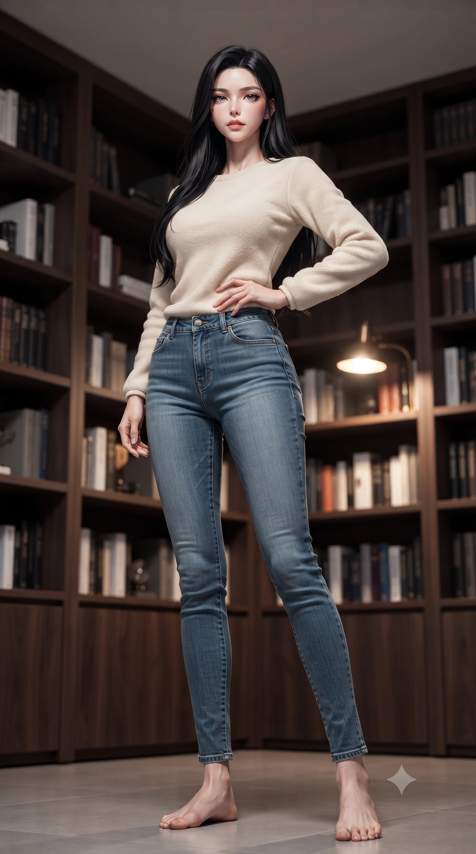 score_9, masterpiece, best quality, ultra-detailed, high-budget anime keyframe, editorial fashion photography, tasteful artistic composition, Korean woman. low angle full-body shot from head to toe showing her feet, filling the entire 9:16 vertical frame with her statuesque presence, stretching her vertical silhouette. posing confidently with one hand on her hip, stretching her statuesque body to emphasize her curves the background shows a soft-focus a sleek modern library room with floor-to-ceiling dark walnut bookshelves. She has an absolutely perfect, statuesque 8.5-heads proportion, an exceptionally tall and slender model-like female figure with impossibly long slender legs and an ultra-slim waist. sharp v-shaped jawline, high-bridge nose, intricate jewel-like eyes with depth, thick eyelashes, glossy lips with a natural sheen. wearing a body-hugging comfortable cream fleece sweater over blue denim jeans. focused reading lamp glow casting an intelligent, elegant ambiance. ultra-reflective glossy finish, specular highlights, metallic sheen, high-contrast stereoscopic depth, volumetric dynamic lighting, 2k, ultra detail, master piece, 9:16 ratio