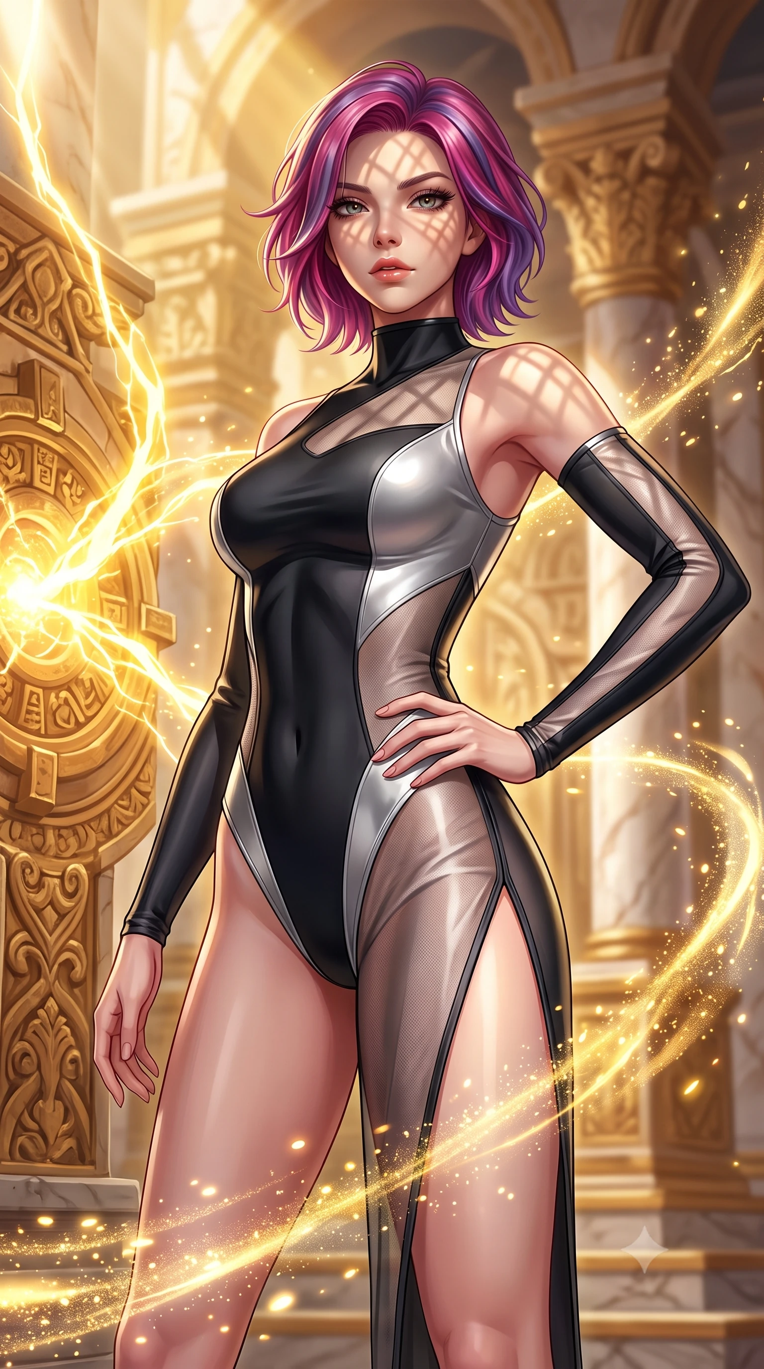 score_9, masterpiece, best quality, ultra-detailed, high-budget anime keyframe, editorial fashion photography, tasteful artistic composition, Caucasian woman. close-up cowboy shot from the waist and thighs up, the character dominates the composition, filling the frame with her large presence, background elements kept in soft focus. Holding a powerful dynamic pose with one hand on her hip and body angled dramatically toward the key light while forging dynamically through an architectural sun temple as golden energy arcs erupt nearby, glowing solar pollen particles drifting in rapid swirling currents nearby. She has an exceptionally elegant, slender, and willowy female figure with an ultra-slim waist, a gracefully sculpted slender torso, and a refined silhouette. sharp v-shaped jawline, high-bridge nose, intricate jewel-like eyes with depth, thick eyelashes, glossy lips with a natural sheen, flawlessly proportioned anatomical accuracy, natural body alignment, perfectly sculpted elegant limbs, clean dynamic posture without body distortion. wearing an asymmetrical high-cut tech-bodysuit with detached sleeves in matte black and polished silver, woven from fine semi-opaque sheer organza, finished with a sleek side slit ascending to mid-thigh, the sleek second-skin texture accentuating her magnetic presence. illuminated by a majestic golden key light casting sharp dynamic shadow grids. highly saturated vibrant anime colors, detailed shading with soft gradients, rich glossy textures, high-contrast stereoscopic depth, volumetric dynamic lighting, master piece, 9:16 ratio