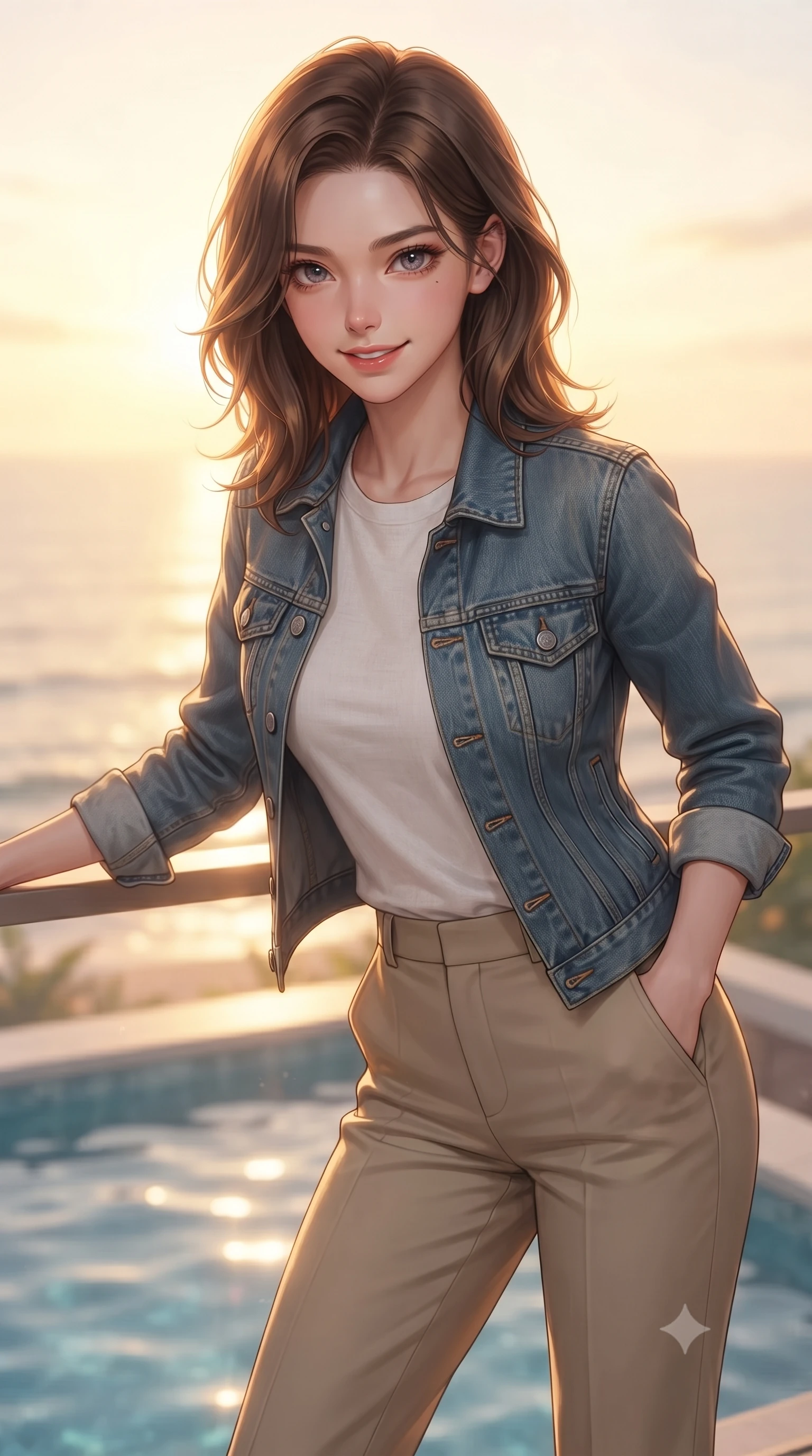 score_9, masterpiece, best quality, ultra-detailed, high-budget anime keyframe, editorial fashion photography, tasteful artistic composition, Korean woman woman. close-up cowboy shot from the waist and thighs up, the character dominates the composition, filling the frame with her large presence, background elements kept in soft focus. leaning slightly forward with a playful, teasing smile, her gaze locked onto the viewer the background shows a soft-focus a private splash pool on the balcony of a beach villa, looking at ocean horizon. She has an exceptionally elegant, slender, and willowy female figure with an ultra-slim waist, a gracefully sculpted slender torso, and a refined silhouette. sharp v-shaped jawline, high-bridge nose, intricate jewel-like eyes with depth, thick eyelashes, glossy lips with a natural sheen. wearing a body-hugging clean-cut denim jacket over a white linen tee and khaki trousers. brilliant golden hour sunset tracing her silhouette with a soft glowing rim light. ultra-reflective glossy finish, specular highlights, metallic sheen, high-contrast stereoscopic depth, volumetric dynamic lighting, 2k, ultra detail, master piece, 9:16 ratio