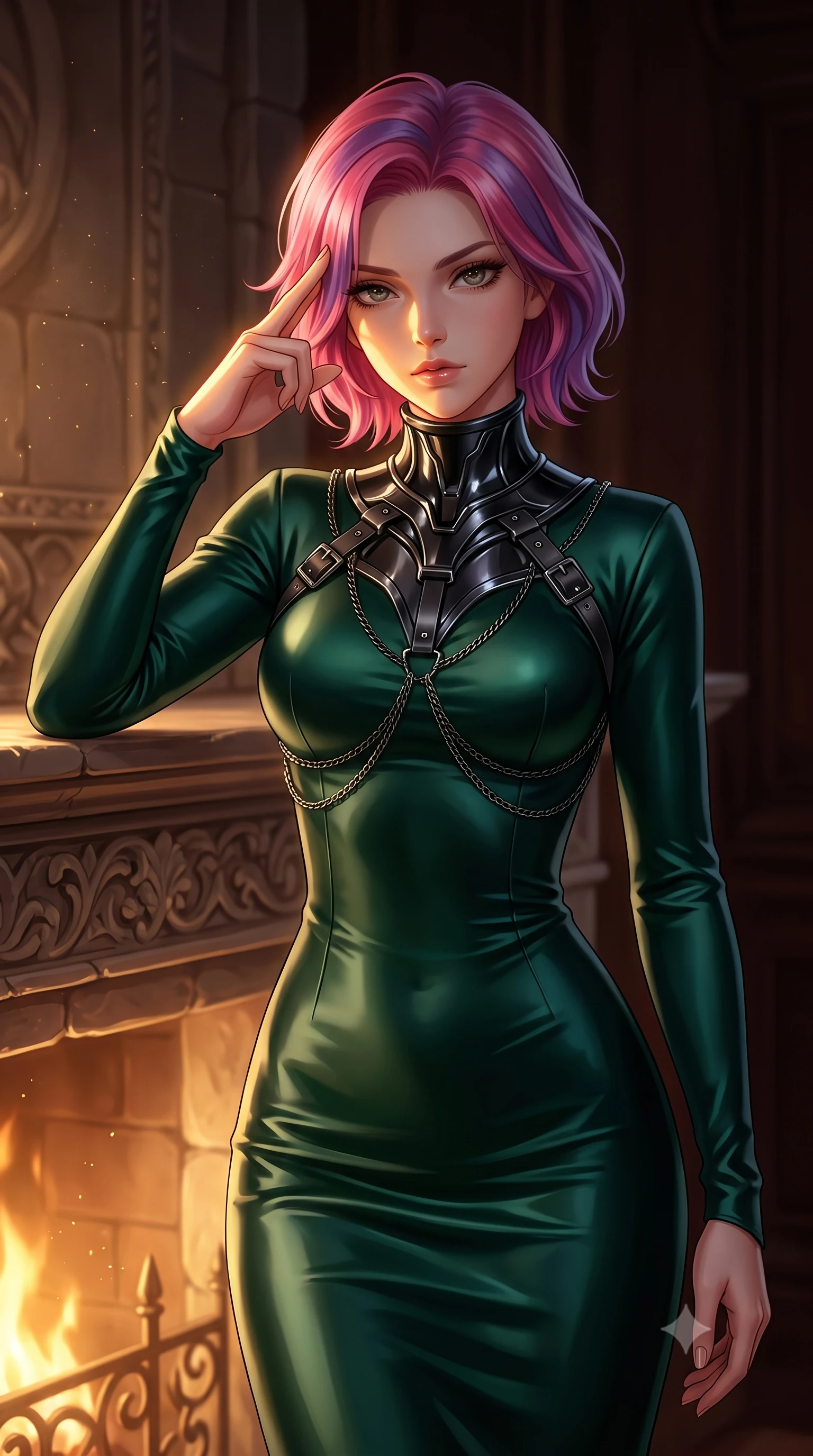 score_9, masterpiece, best quality, ultra-detailed, high-budget anime keyframe, editorial fashion photography, tasteful artistic composition, Caucasian woman. close-up cowboy shot from the waist and thighs up, the character dominates the composition, filling the frame with her large presence, background elements kept in soft focus. Pressing two fingers to her temple in a composed, sharp thoughtful gesture, poised beside a carved stone hearth as warm golden firelight illuminates her face, dramatic chiaroscuro contrast between hot fireglow and cold room shadows. She has an exceptionally elegant, slender, and willowy female figure with an ultra-slim waist, a gracefully sculpted slender torso, and a refined silhouette. sharp v-shaped jawline, high-bridge nose, intricate jewel-like eyes with depth, thick eyelashes, glossy lips with a natural sheen. wearing long-sleeved dark emerald satin gown with high structured collar in pitch-black onyx, made of sculpted obsidian metallic chrome, framed by dark titanium buckles and silver chain details, the fitted fabric emphasizing her ultra-slim waist. bathed in dramatic chiaroscuro with deep mahogany shadows swallowing background. highly saturated vibrant anime colors, detailed shading with soft gradients, rich glossy textures, high-contrast stereoscopic depth, volumetric dynamic lighting, master piece, 9:16 ratio