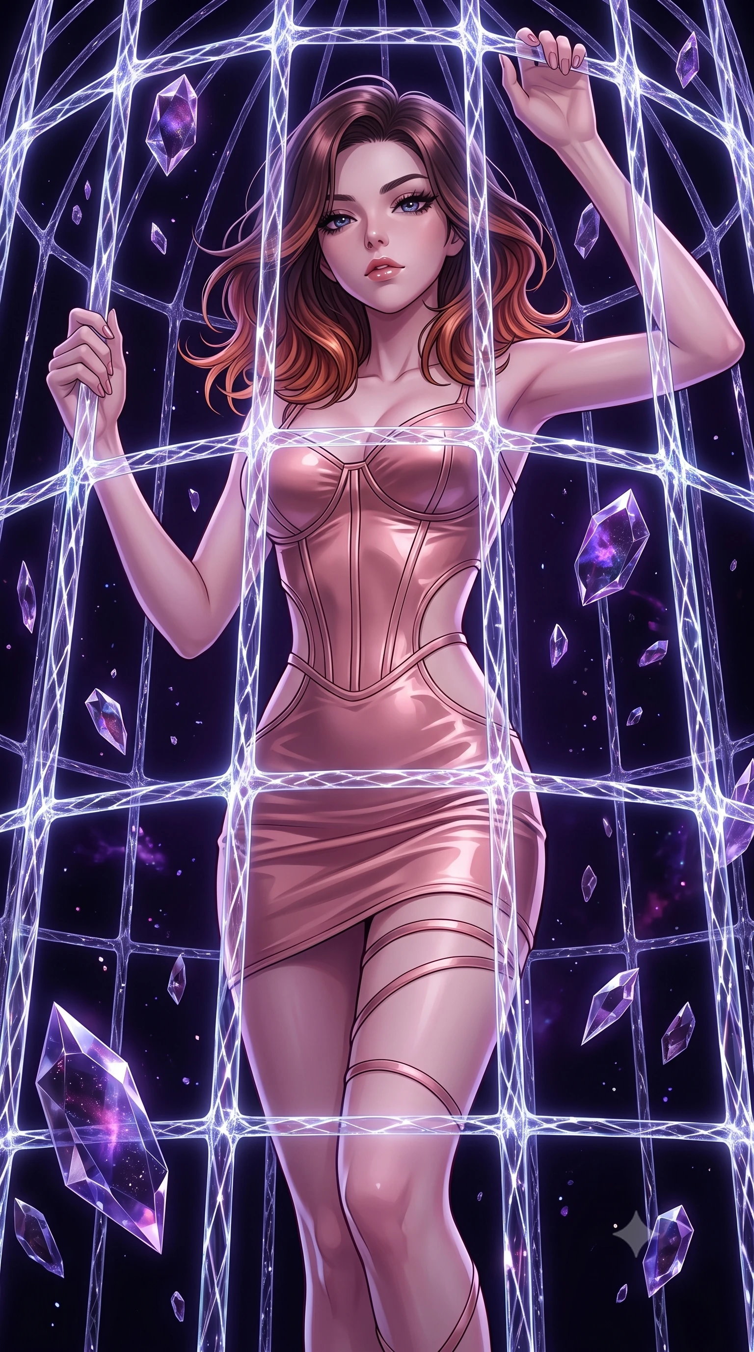 score_9, masterpiece, best quality, ultra-detailed, High-budget Anime Keyframe, East Asian woman. Low angle cowboy shot filling the entire 9:16 frame with her statuesque presence. Scenario 534: trapped in a cage of glowing crystalline fibers, her body pressing against the bars, in a dark void filled with floating crystal shards reflecting purple nebulae. Her presence is magnetic and overpowering in this high-budget anime scene. Outfit 534: a body-hugging rose-gold matte vinyl corset dress with strategic waist cut-outs and slender leg straps. The clothing is designed to emphasize her exceptionally tall and slender 8-heads proportion. 8-heads proportion, towering silhouette, ultra-slim waist. sharp v-shaped jawline, intricate jewel-like eyes with depth, thick eyelashes, glossy lips. 2k, ultra detail, master piece, 9:16 ratio
