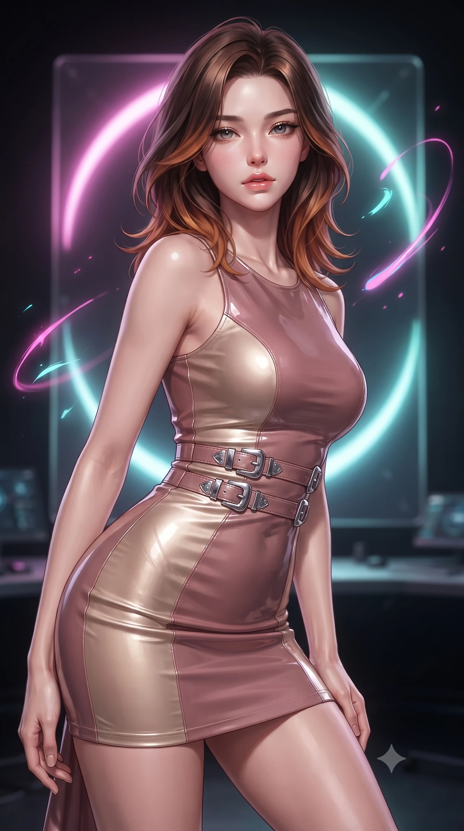 score_9, masterpiece, best quality, ultra-detailed, high-budget anime keyframe, editorial fashion photography, tasteful artistic composition, Korean woman. close-up cowboy shot from the waist and thighs up, the character dominates the composition, filling the frame with her large presence, background elements kept in soft focus. Leaning slightly forward with a composed, seductive gaze under soft glowing light poised before a giant holographic canvas emitting luminous color arcs, glowing neon brushstrokes floating poetically around her silhouette. She has an exceptionally elegant, slender, and willowy female figure with an ultra-slim waist, a gracefully sculpted slender torso, and a refined silhouette. sharp v-shaped jawline, high-bridge nose, intricate jewel-like eyes with depth, thick eyelashes, glossy lips with a natural sheen. wearing a precision-fitted liquid jersey bodycon dress with a draped back in dusty rose and champagne gold, tailored from high-gloss patent leather, detailed with polished silver buckles along the waistline, the form-contouring material highlighting her ultra-slim waist and long lines. surrounded by a radiant glow of magenta and aqua fluid highlights. ultra-reflective glossy finish, specular highlights, metallic sheen, high-contrast stereoscopic depth, volumetric dynamic lighting, 2k, ultra detail, master piece, 9:16 ratio