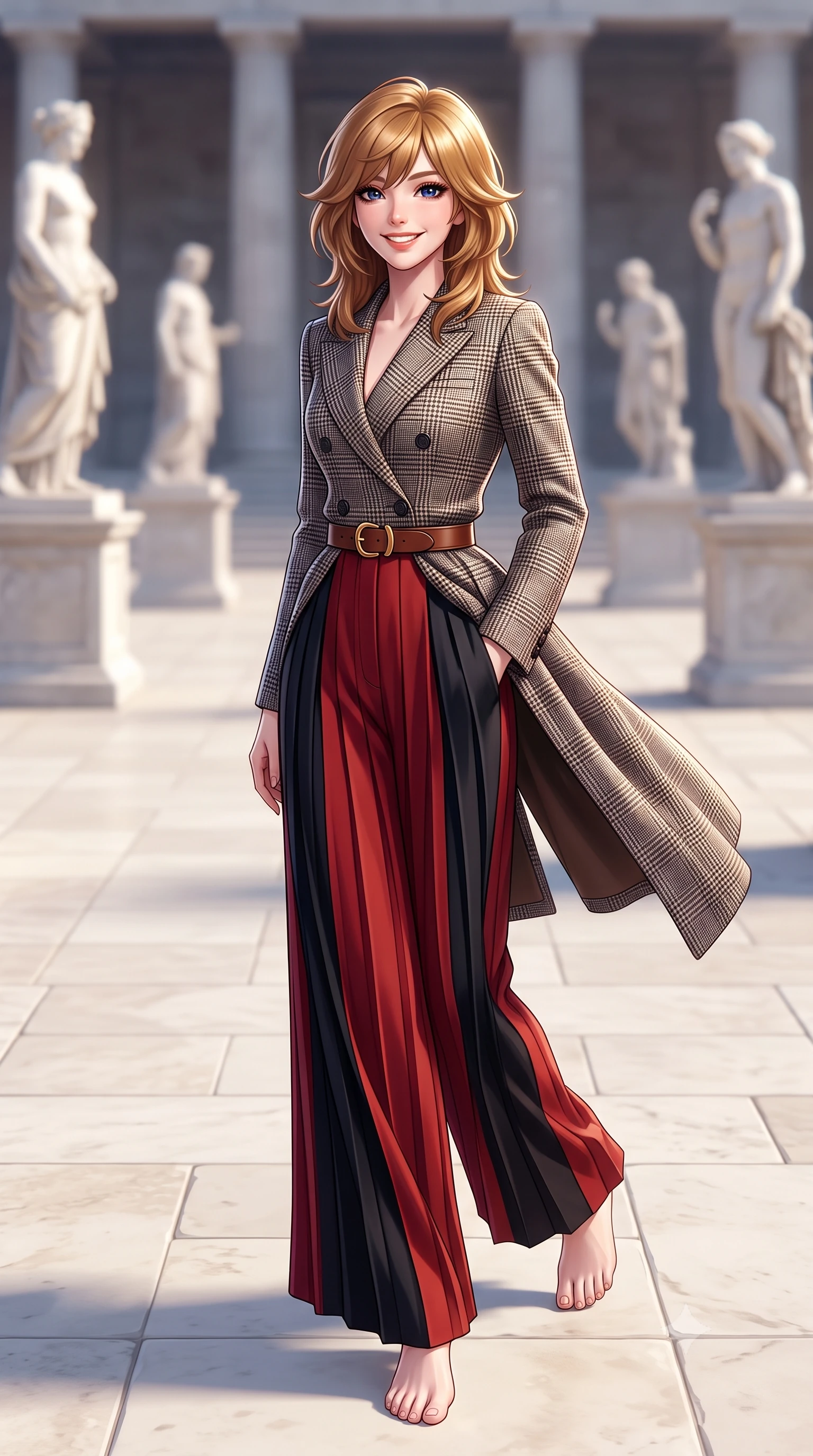 score_9, masterpiece, best quality, ultra-detailed, high-budget anime keyframe, semi-realistic 3D game render, editorial fashion photography, tasteful artistic composition, Korean woman. low angle full-body shot from head to toe showing her feet, filling the entire 9:16 vertical frame with her statuesque presence, stretching her vertical silhouette. pausing along the promenade and turning back toward the camera with an infectious, delightful smile and perfect posture while stepping gracefully across the vast limestone courtyard floor, her long tailored coat flowing with statuesque elegance. The background shows a soft-focus classical Greek sculptures on pedestals softened in majestic cultural sanctuary shallow focus. She has an exceptionally tall and slender model-like 8.5-heads proportion, an ultra-slim waist, a flat toned midriff, narrow delicate ribcage, and beautifully sculpted feminine hips creating a graceful, slim hourglass silhouette without any bulky heaviness, with impossibly long slender legs. sharp v-shaped jawline, high-bridge nose, intricate jewel-like sparkling eyes with depth, thick eyelashes, glossy parted lips with a natural peach sheen, bright cheerful beaming smile with an enchanting and coquettish sensual glint, exuding both youthful cute charm and seductive allure, flawlessly proportioned anatomical accuracy, strict slender model proportions, natural body alignment, perfectly sculpted long slender limbs, ultra-slim waistline, clean dynamic posture without body distortion. wearing a double-breasted Prince of Wales check tailored wool blazer paired with high-waisted pleated wide-leg trousers in Kyoto autumn maple crimson and deep ink black, tailored from fine wool gabardine with crisp permanent pleats and sharp drape, finished with a smooth equestrian bridle-leather belt with a polished brass horseshoe buckle, the expertly draped wool fabric falling in crisp fluid lines along her tall 8.5-heads silhouette, celebrating her slender frame without excess fabric bulk. illuminated by pale stone reflection bounce and sharp platinum rim lights sculpting her jawline, narrow waist, and statuesque proportions. highly saturated vibrant anime colors, detailed shading with soft gradients, rich glossy textures, high-contrast stereoscopic depth, volumetric dynamic lighting, master piece, 9:16 ratio