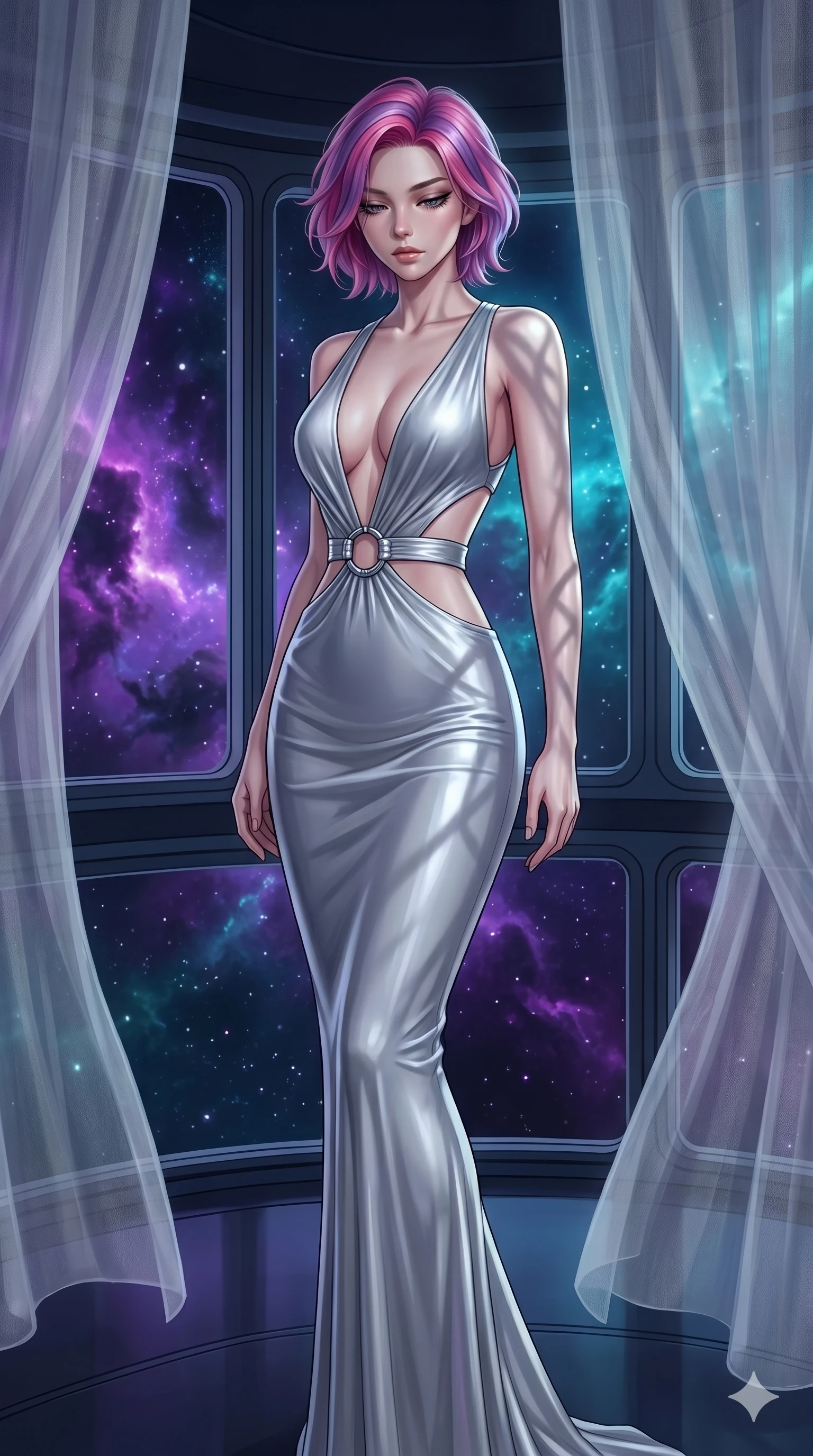 score_9, masterpiece, best quality, ultra-detailed, high-budget anime keyframe, editorial fashion photography, tasteful artistic composition, Japanese woman. cowboy shot from the thighs up, character and outfit filling the frame for maximum editorial presence. Looking down with lowered lashes and a composed, powerful expression inside a deep-space observatory with nebula clouds of violet and teal drifting past panoramic windows. She has an absolutely perfect 8-heads proportion, an exceptionally tall and slender female figure with impossibly long slender legs and an ultra-slim waist. V-shaped jawline, high-bridge nose, intricate jewel-like eyes with depth, thick eyelashes, glossy lips with a natural sheen. wearing a deep plunging-V neck maxi dress in liquid silver jersey with a bold open-back, an architectural waist cutout framed by chrome ring hardware, and a body-contouring fit all the way to the floor. bathed in cold silver moonlight filtered through translucent gossamer curtains casting soft shadows on her curves. 2k, ultra detail, master piece, 9:16 ratio