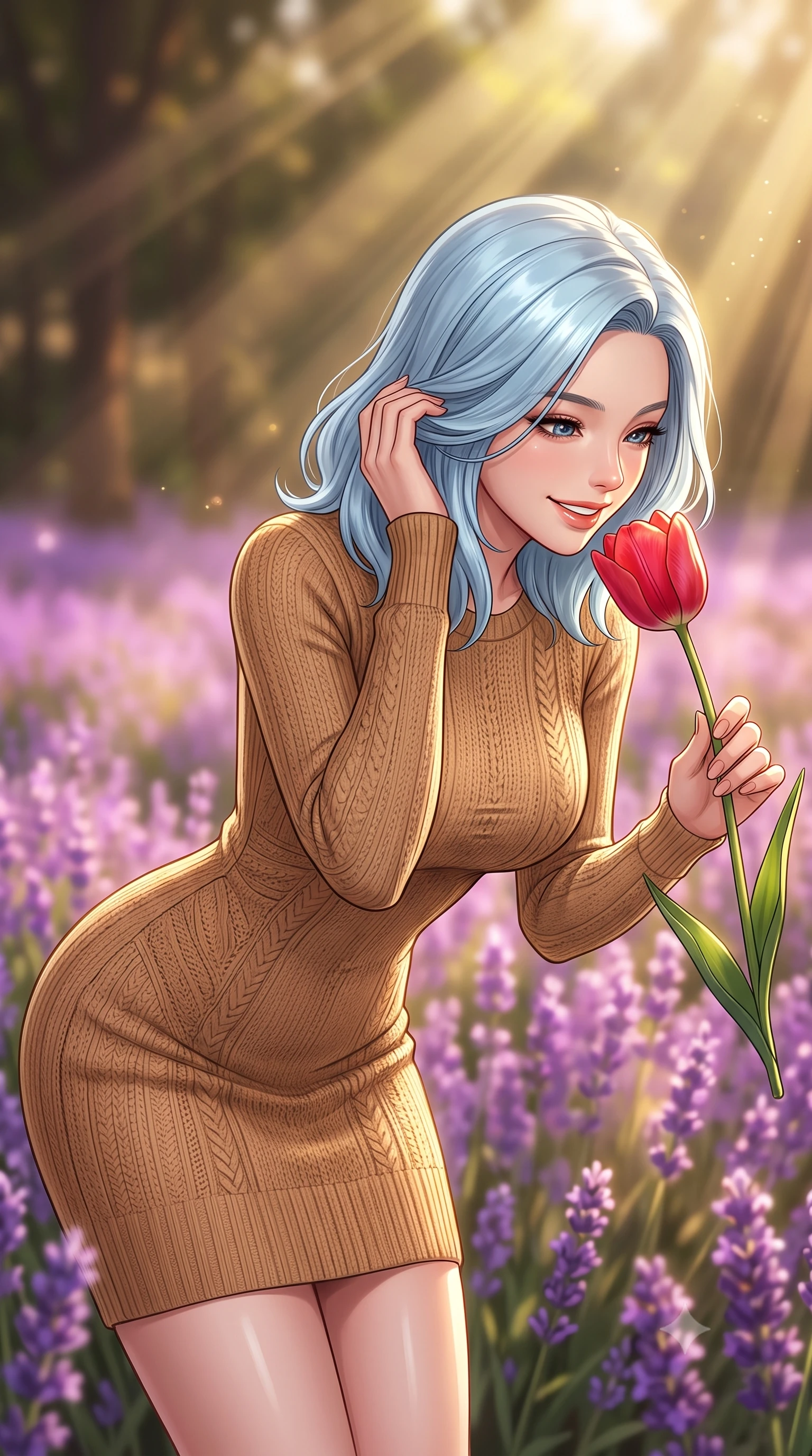 score_9, masterpiece, best quality, ultra-detailed, high-budget anime keyframe, editorial fashion photography, tasteful artistic composition, Korean woman. close-up cowboy shot from the waist and thighs up, the character dominates the composition, filling the frame with her large presence, background elements kept in soft focus. flashing an intoxicating, sunny grin while brushing a strand of hair away from her face set against a soft-focus background of surrounded by a beautiful purple meadow of blooming wild lavender bending down to smell a red tulip with a sweet, lovely expression. She has an exceptionally elegant, slender, and willowy female figure with an ultra-slim waist, a gracefully sculpted slender torso, and a refined silhouette. sharp v-shaped jawline, high-bridge nose, intricate jewel-like eyes with depth, thick eyelashes, glossy lips with a natural sheen. wearing tailored body-hugging long-sleeve knit dress in camel, outlining her slender silhouette. volumetric sunbeams slicing through tree edges onto the grassy meadow. ultra-reflective glossy finish, specular highlights, metallic sheen, high-contrast stereoscopic depth, volumetric dynamic lighting, 2k, ultra detail, master piece, 9:16 ratio