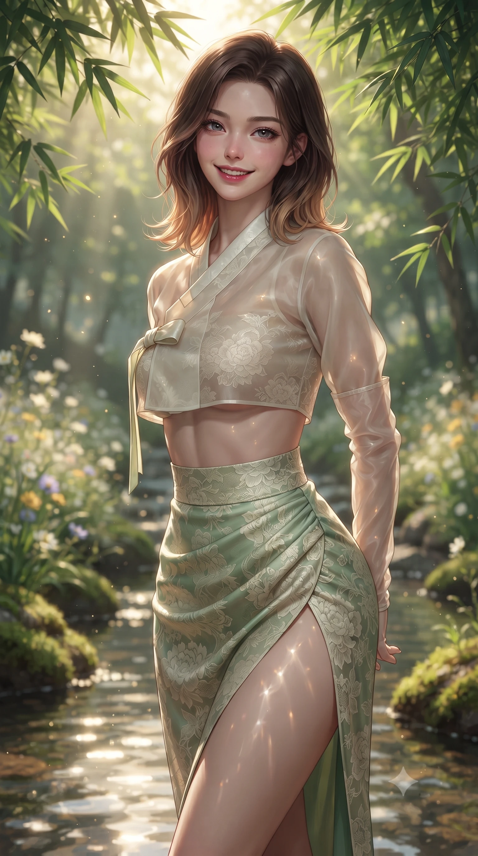 score_9, masterpiece, best quality, ultra-detailed, high-budget anime keyframe, editorial fashion photography, tasteful artistic composition, Korean woman. close-up cowboy shot from the waist and thighs up, the character dominates the composition, filling the frame with her large presence. resting both hands lightly behind her back while leaning toward the lens with a cheerful, teasing grin, her form-fitting fusion dress hugging her narrow waist and hip curve while twisting her slender torso in an alluring contrapposto stance, filtered sunbeams and water reflections dancing across her curvy hips and waist. The background shows a soft-focus native wildflowers along the mossy stream banks softened in tranquil Korean woodland shallow focus. She has an exceptionally elegant, slender, and willowy female figure with an ultra-slim waist, flat toned midriff, narrow ribcage, and sculpted feminine hips creating an alluring, slim hourglass silhouette without bulk. sharp v-shaped jawline, high-bridge nose, intricate jewel-like dark sparkling almond eyes with depth, thick lashes, glossy parted lips with a natural rose-plum sheen, bright alluring and coquettish smile with bedroom-eyes, exuding both timeless oriental elegance and sovereign high-fashion allure, flawlessly proportioned anatomical accuracy, strict slender model proportions, natural body alignment, perfectly sculpted long slender limbs, ultra-slim waistline, clean dynamic posture without body distortion. wearing a cropped semi-sheer silk organza jeogori top paired with an ultra-high-waisted wrapped chima skirt featuring a dramatic thigh-high side slit in fresh bamboo emerald and soft oatmeal cream, woven from delicate semi-opaque floral lace with oriental peony patterns, complemented by delicate sheer silk fingerless gloves reaching past her elbows, the form-fitting tailored bodice adhering flawlessly to her sculpted flat midriff and slender torso, emphasizing her long leg lines and perfectly proportioned willowy build. bathed in dappled golden morning sunbeams filtering through dense green bamboo leaves. ultra-reflective glossy finish, specular highlights, rich textural contrasts, high-contrast stereoscopic depth, volumetric dynamic lighting, 2k, ultra detail, master piece, 9:16 ratio
