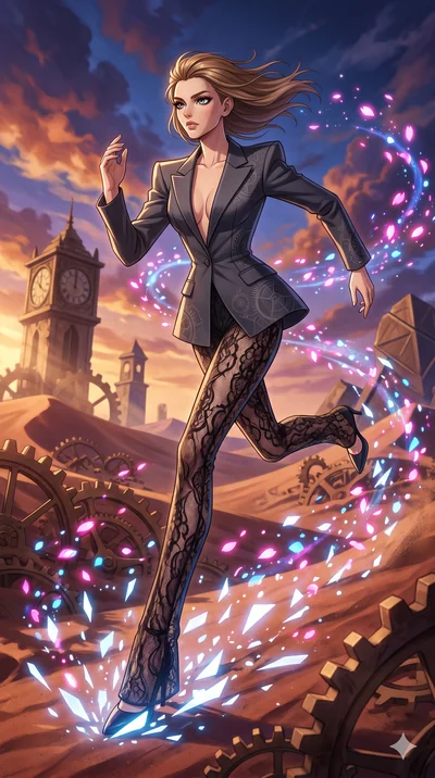 score_9, masterpiece, best quality, ultra-detailed, Set A: High-budget Anime Keyframe, Caucasian (strictly human ears) woman. Low angle cowboy shot filling the entire 9:16 frame with her statuesque presence. Sprinting through a clockwork desert, as t