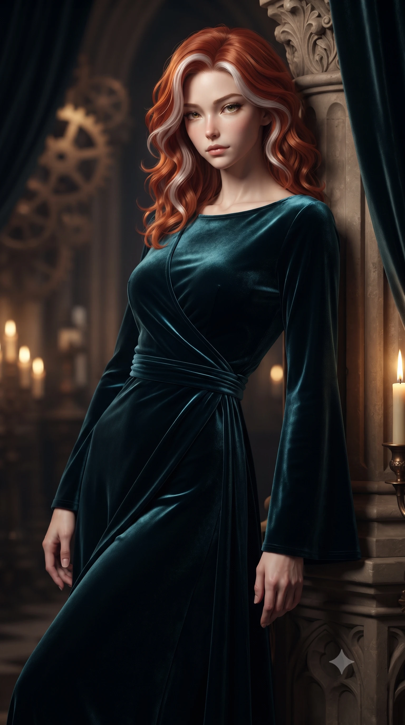 score_9, masterpiece, best quality, ultra-detailed, high-budget anime keyframe, editorial fashion photography, tasteful artistic composition, Caucasian woman woman. close-up cowboy shot from the waist and thighs up, the character dominates the composition, filling the frame with her large presence, background elements kept in soft focus. She has an exceptionally elegant, slender, and willowy female figure with an ultra-slim waist, a gracefully sculpted slender torso, and a refined silhouette. leaning back effortlessly against the surrounding architecture with an air of magnetic superiority, flawlessly proportioned anatomical accuracy, natural body alignment, perfectly sculpted elegant limbs, clean dynamic posture without body distortion. set against a soft-focus background of a high space cathedral nave with rotating bronze gears and velvet drapes. wearing a luxurious velvet wrap gown with long bell sleeves and a modest boat neckline. bathed in dramatic chiaroscuro key light with flickering golden candlelight. ultra-reflective glossy finish, specular highlights, metallic sheen, high-contrast stereoscopic depth, volumetric dynamic lighting, 2k, ultra detail, master piece, 9:16 ratio