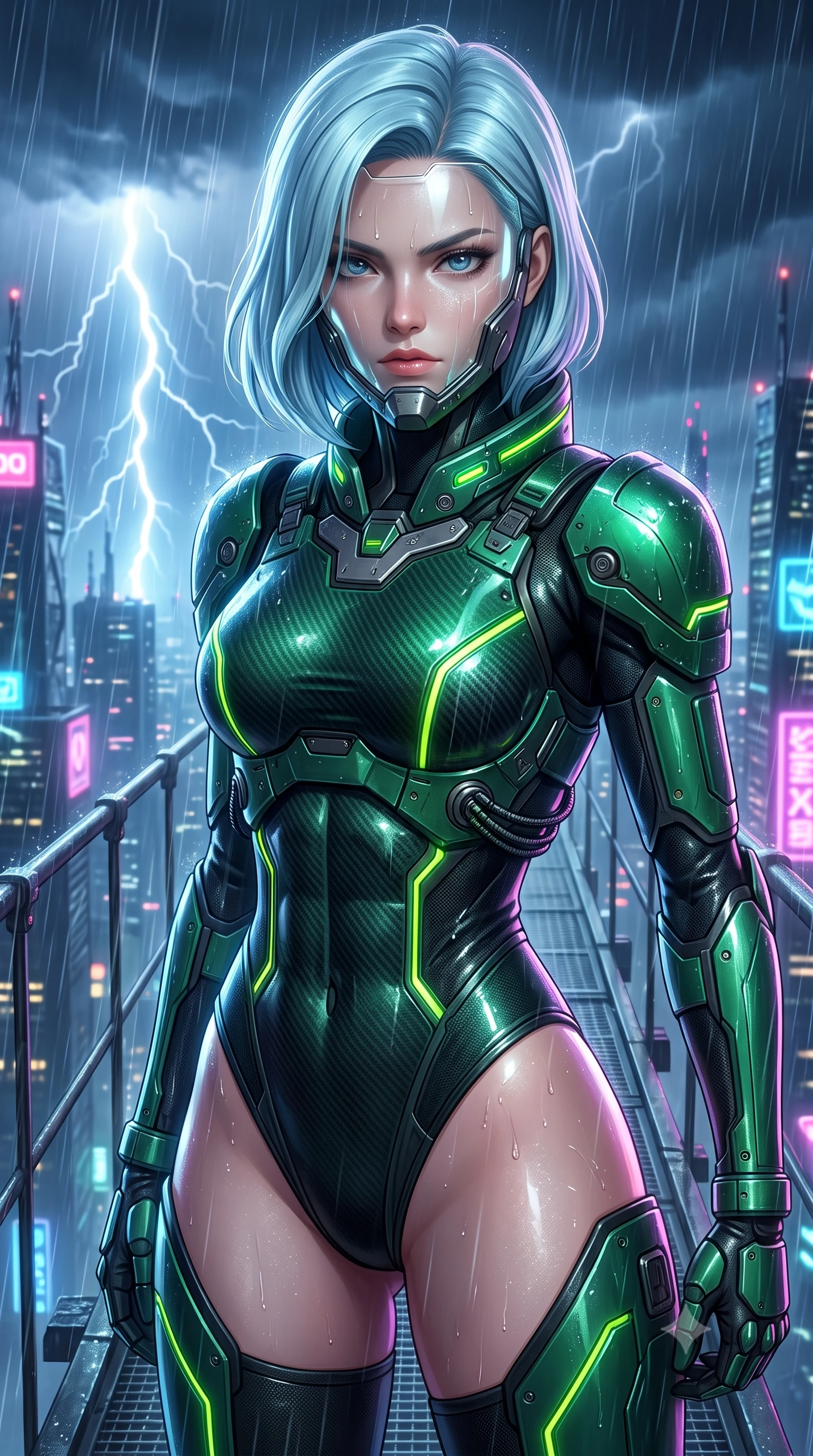 score_9, masterpiece, best quality, ultra-detailed, high-budget anime keyframe, semi-realistic 3D game render, editorial fashion photography, tasteful artistic composition, Korean woman. close-up cowboy shot from the waist and thighs up, the character dominates the composition, filling the frame with her large presence. tilting her head slightly with solemn warrior composure, sweat and rain glistening on her sculpted collarbones and high-bridge nose while defending a narrow suspension skybridge 500 meters above a stormy megacity, her full-face transparent visor showing her fierce, focused expression. The surrounding environment is rendered in vivid detail and crisp panoramic clarity. sharp eyes and facial expression clearly visible beneath the visor, cable joints, and lightning in high clarity. She has an exceptionally elegant, slender, and willowy female figure with an ultra-slim waist, a gracefully sculpted slender torso, toned flat midriff, and a refined slim silhouette. sharp v-shaped jawline, high-bridge nose, intricate jewel-like eyes with depth, thick eyelashes, glossy lips with a natural sheen, fierce and resolute heroine expression, flawlessly proportioned anatomical accuracy, strict slender model proportions, natural body alignment, perfectly sculpted long slender limbs, ultra-slim waistline, clean dynamic posture without body distortion. wearing a sleek titanium half-face combat rebreather guard protecting her lower jaw while leaving her expressive eyes and long hair flowing freely, paired with a heavy modular carbon-fiber combat cuirass paired with a second-skin tactical leotard and reinforced titanium shoulder pauldrons in toxic emerald green carbon composite with glowing lime warning channels, made of liquid carbon-jersey fabric accentuating every curve of her tall, slender model proportions, featuring a sleek aerodynamic collar framed by subtle glowing cybernetic status LEDs, the sleek second-skin cut tightly hugging her graceful clavicle, narrow waist, and feminine curves with athletic precision. illuminated by crisp specular highlights tracing her sculpted flat midriff, bare spine, and slender limbs. rich saturated anime colors with glowing neon highlights, detailed shading with soft gradients, rich glossy textures, high-contrast stereoscopic depth, volumetric dynamic lighting, master piece, 9:16 ratio