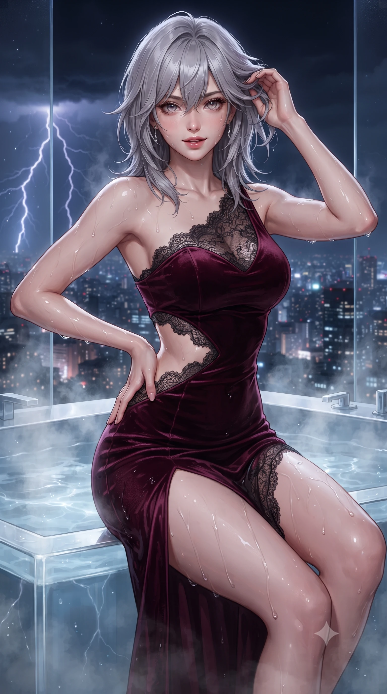 score_9, masterpiece, best quality, ultra-detailed, high-budget anime keyframe, editorial fashion photography, tasteful artistic composition, Japanese woman. close-up cowboy shot from the waist and thighs up, the character dominates the composition, filling the frame with her large presence. twisting her slender torso in an alluring contrapposto stance, one hand resting on her sculpted hip while her fingers toy with her hair with effortless poise while sitting in the steaming open-air glass jacuzzi cantilevered eighty-five floors up, arching her back with breathtaking wet-look siren grace. The surrounding environment is rendered in vivid detail and crisp panoramic clarity: sharp transparent acrylic tub corner joint clarity, rising steam vapor droplets, and lightning bolt branches in deep focus. She has an exceptionally elegant, slender, and willowy female figure with an ultra-slim waist, flat toned midriff, narrow ribcage, and sculpted feminine hips creating an alluring, slim hourglass silhouette without bulk. sharp v-shaped jawline, high-bridge nose, sparkling eyes with hypnotic seductive depth, thick curled eyelashes, glossy parted lips with a natural dewy peach sheen, alluring bedroom-eyes with an enchanting coquettish smile, exuding magnetic siren charisma and sophisticated glamour, flawlessly proportioned anatomical accuracy, strict slender model proportions, natural body alignment, perfectly sculpted long slender limbs, ultra-slim waistline, clean dynamic posture without body distortion. wearing an asymmetric one-shoulder liquid jersey gown with dramatic hip-high slit and sculptural waist cutout in deep bordeaux velvet and delicate black chantilly, crafted from fluid liquid silk satin that clings smoothly to every curve with a dewy sheen, finished with scalloped eyelash lace trim framing her sweetheart neckline with intimate elegance, the liquid-tight tailored fabric clinging flawlessly to her narrow waist and rounded feminine hips, emphasizing every millimeter of her sculpted slim hourglass curves without any bulky heaviness. illuminated by tub water caustics and sharp platinum-violet rim lights defining her delicate clavicles, ultra-slim waist, and curvy hips. ultra-reflective glossy finish, specular highlights, rich textural contrasts, high-contrast stereoscopic depth, volumetric dynamic lighting, 2k, ultra detail, master piece, 9:16 ratio