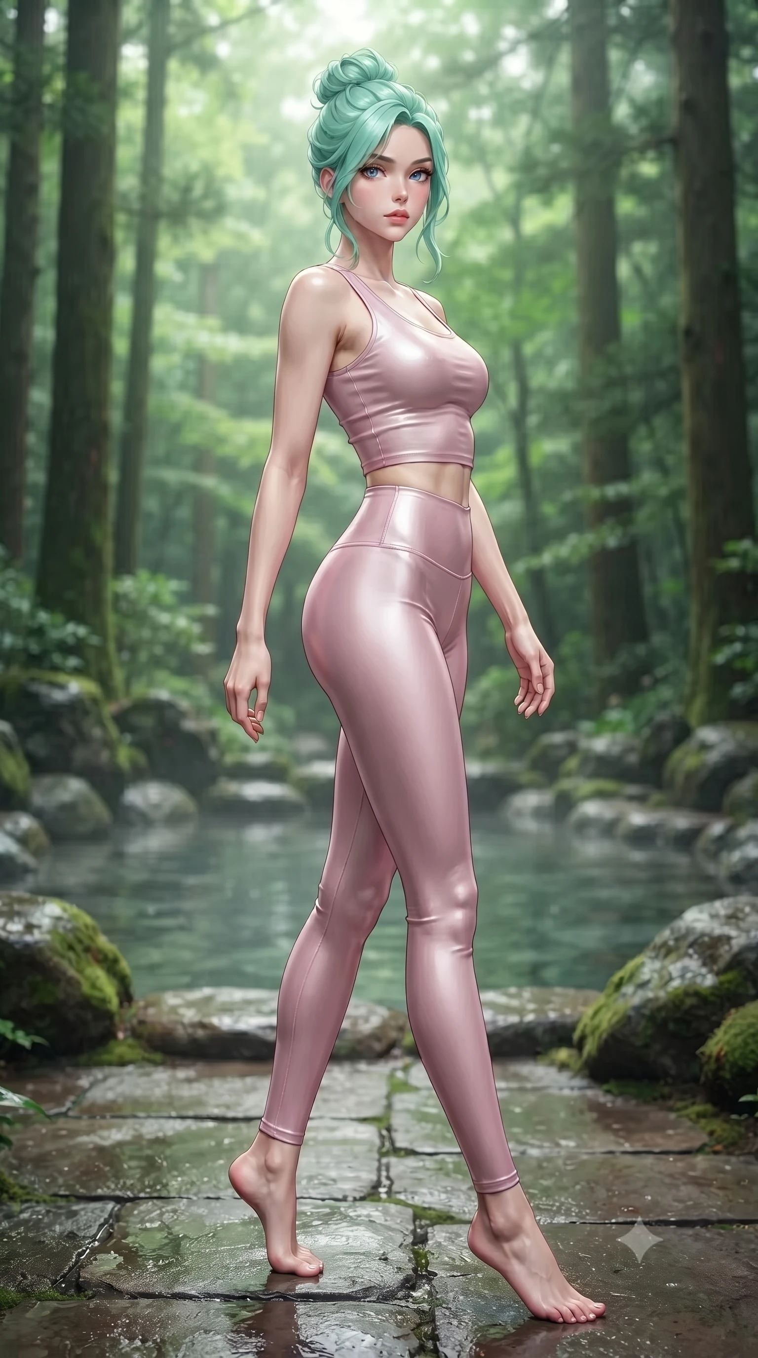 score_9, masterpiece, best quality, ultra-detailed, high-budget anime keyframe, editorial fashion photography, tasteful artistic composition, Japanese woman woman. low angle full-body shot from head to toe showing her feet, filling the entire 9:16 vertical frame with her statuesque presence, stretching her vertical silhouette. stepping gracefully while looking back over her shoulder, her dress draped tightly to reveal her silhouette the background shows a soft-focus a natural stone pool surrounded by mossy rocks and tall trees in a private estate. She has an absolutely perfect, statuesque 8.5-heads proportion, an exceptionally tall and slender model-like female figure with impossibly long slender legs and an ultra-slim waist. sharp v-shaped jawline, high-bridge nose, intricate jewel-like eyes with depth, thick eyelashes, glossy lips with a natural sheen. wearing a slim-fit body-hugging light pink crop tank top paired with high-waisted tight-fitting leggings. soft diffused green light filtering through the dense forest canopy. ultra-reflective glossy finish, specular highlights, metallic sheen, high-contrast stereoscopic depth, volumetric dynamic lighting, 2k, ultra detail, master piece, 9:16 ratio
