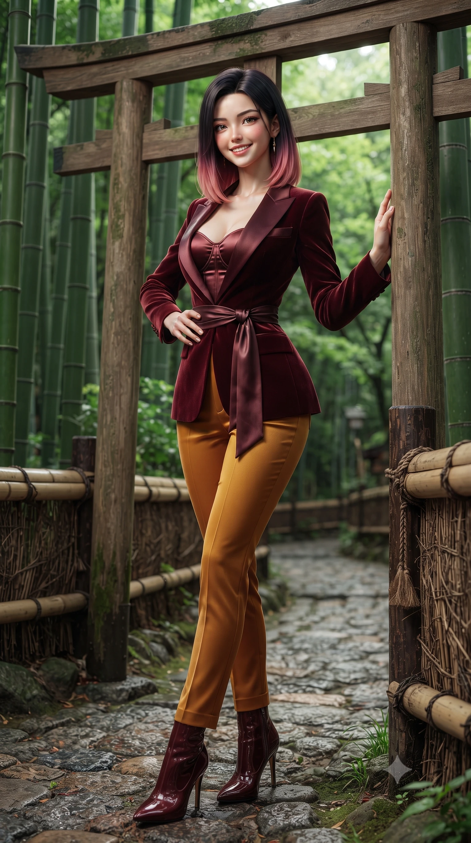 score_9, masterpiece, best quality, ultra-detailed, high-budget anime keyframe, editorial fashion photography, tasteful artistic composition, Korean woman. close-up cowboy shot from the waist and thighs up, the character dominates the composition, filling the frame with her large presence. standing poised with hips cocked slightly to the side, one hand tracing her cinched waistline while casting an affectionate warm glance while pausing beside a weathered wooden torii gate entrance, one hand resting on the cedar post with timeless Kyoto charm. The surrounding environment is rendered in vivid detail and crisp panoramic clarity: sharp vertical ridges on bamboo stalks, textured cobblestones on forest path, and woven bamboo railing cordage in deep focus. She has an exceptionally elegant, slender, and willowy female figure with an ultra-slim waist, flat toned midriff, narrow ribcage, and sculpted feminine hips creating an alluring, slim hourglass silhouette without bulk. sharp v-shaped jawline, high-bridge nose, intricate jewel-like sparkling eyes with depth, thick eyelashes, glossy parted lips with a natural peach sheen, bright cheerful beaming smile with an enchanting and coquettish sensual glint, exuding both youthful cute charm and seductive allure, flawlessly proportioned anatomical accuracy, strict slender model proportions, natural body alignment, perfectly sculpted long slender limbs, ultra-slim waistline, clean dynamic posture without body distortion. wearing a sleek Taisho-modern tailored smoking jacket with a cinched silk sash worn over a body-hugging satin bustier top and fitted slacks in rich Oxford burgundy and golden amber, crafted from fluid liquid velvet offering rich tactile depth while adhering to her hourglass shape, complemented by sleek patent leather stiletto ankle boots accentuating her long slender calves, the body-conscious tailored knit hugging her sculpted torso and curvaceous hips in a seamless, fluid line that highlights her statuesque model proportions. illuminated by soft green foliage bounce and crisp jade-gold rim lights sculpting her razor-sharp jawline and tall willowy frame. ultra-reflective glossy finish, specular highlights, rich textural contrasts, high-contrast stereoscopic depth, volumetric dynamic lighting, 2k, ultra detail, master piece, 9:16 ratio