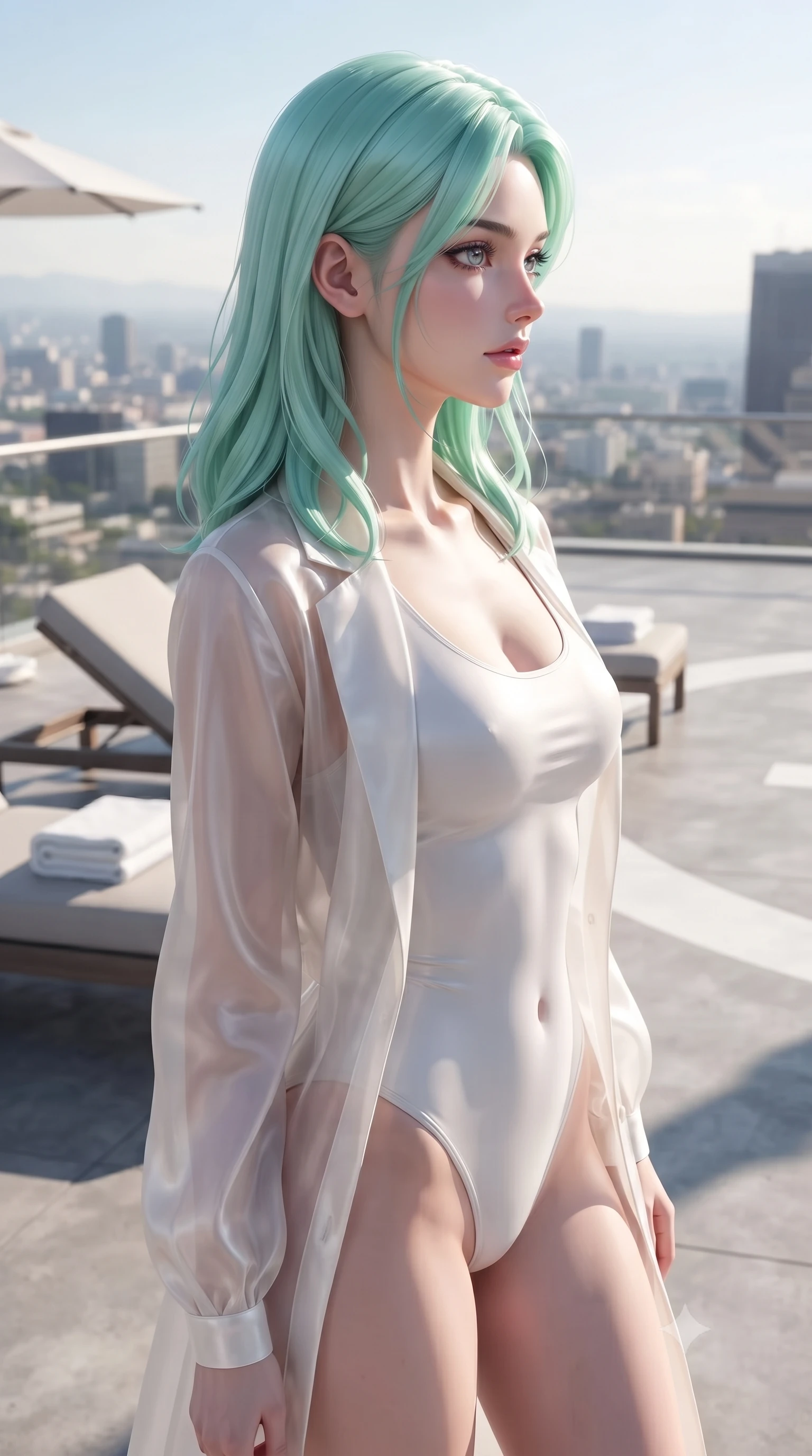 score_9, masterpiece, best quality, ultra-detailed, high-budget anime keyframe, editorial fashion photography, tasteful artistic composition, Japanese woman. close-up cowboy shot from the waist and thighs up, the character dominates the composition, filling the frame with her large presence, background elements kept in soft focus. turning her face in sharp profile, casting a cold, mysterious, yet intensely alluring side gaze, the background shows a soft-focus a rooftop helipad terrace with sunbeds and white towels, looking at city skyline. She has an exceptionally elegant, slender, and willowy female figure with an ultra-slim waist, a gracefully sculpted slender torso, and a refined silhouette. sharp v-shaped jawline, high-bridge nose, intricate jewel-like eyes with depth, thick eyelashes, glossy lips with a natural sheen. wearing a tailored sheer white organza resort cover-up worn over a form-fitting one-piece swimsuit, showing her elegant clavicle lines. bright afternoon sunbeams creating clean, sharp shadows on the concrete. ultra-reflective glossy finish, specular highlights, metallic sheen, high-contrast stereoscopic depth, volumetric dynamic lighting, 2k, ultra detail, master piece, 9:16 ratio
