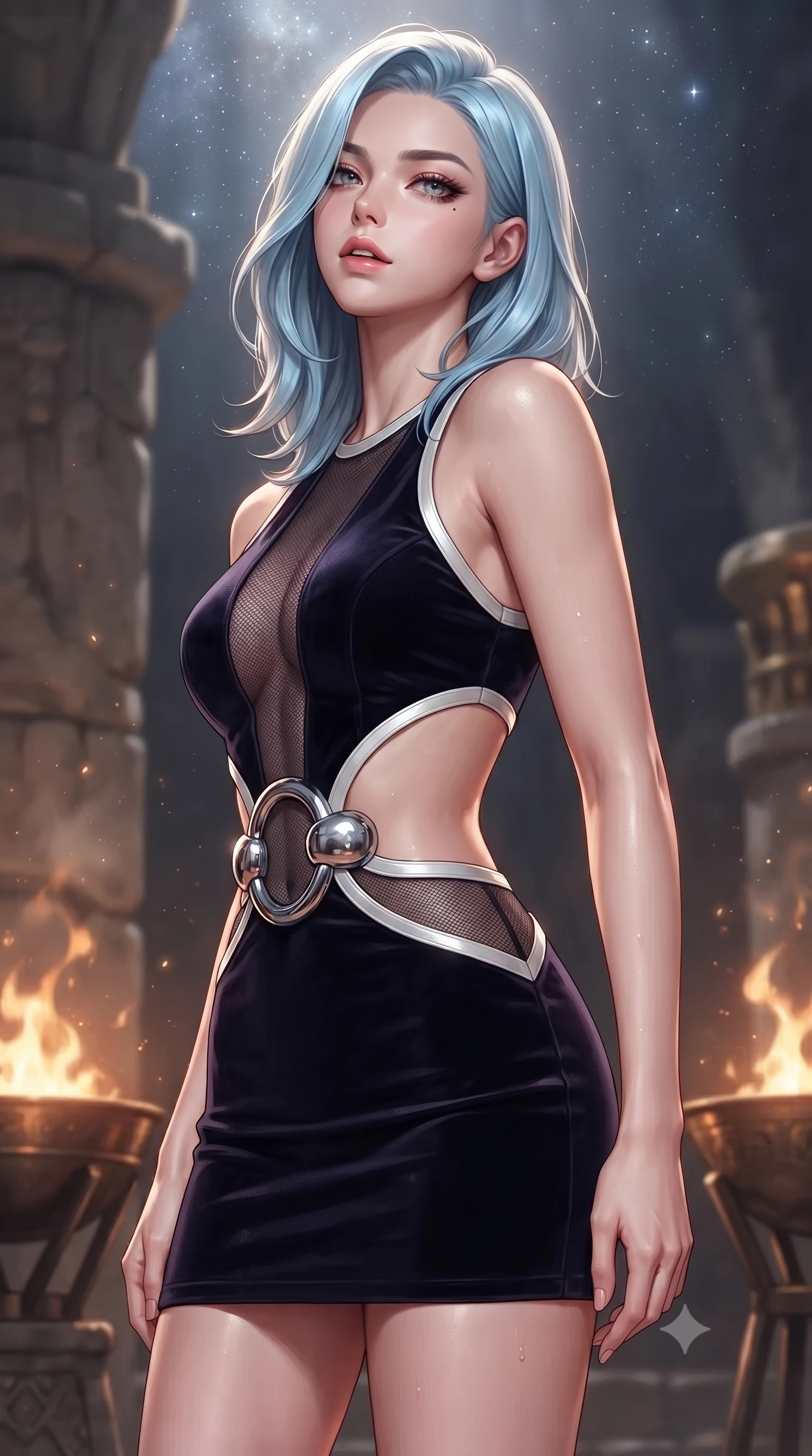 score_9, masterpiece, best quality, ultra-detailed, high-budget anime keyframe, editorial fashion photography, tasteful artistic composition, Korean woman. close-up cowboy shot from the waist and thighs up, the character dominates the composition, filling the frame with her large presence, background elements kept in soft focus. Tilting her chin up slightly with lips parted in a composed, magnetic expression, looking back with a magnetic gaze as bronze braziers cast warm rim rays, dewy skin texture sparkling under golden brazier lighting. She has an exceptionally elegant, slender, and willowy female figure with an ultra-slim waist, a gracefully sculpted slender torso, and a refined silhouette. sharp v-shaped jawline, high-bridge nose, intricate jewel-like eyes with depth, thick eyelashes, glossy lips with a natural sheen. wearing dramatic architectural open-waist cutout mini dress in dark velvet framed by chrome hardware in pearl white, made of fine dark contouring mesh, accented with sculpted obsidian chrome rings at the waist, contouring every curve with an exceptionally elegant silhouette. illuminated by warm flickering brazier rays and cold silver starlight from above. highly saturated vibrant anime colors, detailed shading with soft gradients, rich glossy textures, high-contrast stereoscopic depth, volumetric dynamic lighting, master piece, 9:16 ratio