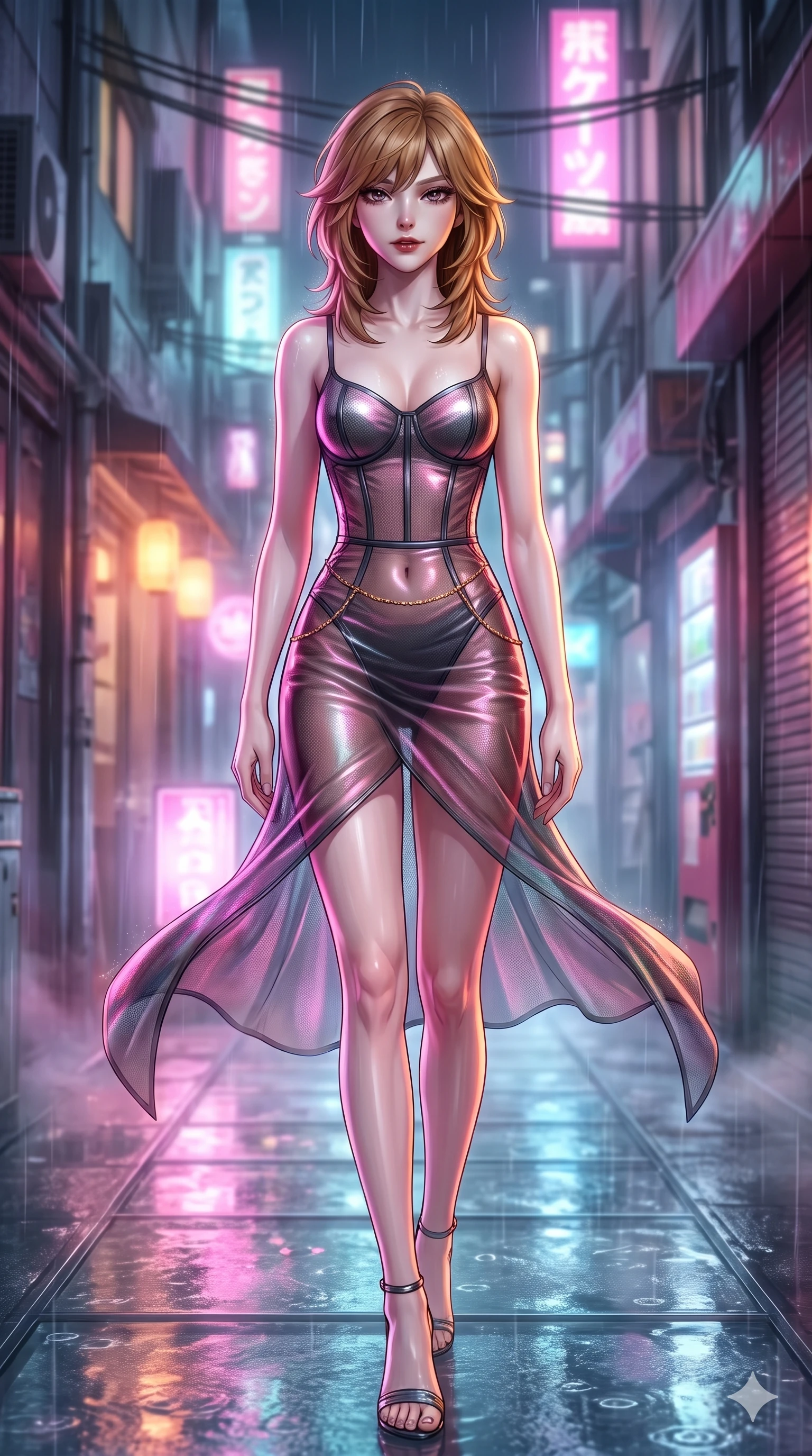 score_9, masterpiece, best quality, ultra-detailed, high-budget anime keyframe, semi-realistic 3D game render, editorial fashion photography, tasteful artistic composition, Korean woman. low angle full-body shot from head to toe showing her feet, filling the entire 9:16 vertical frame with her statuesque presence, stretching her vertical silhouette. striding across the rain-swept glass terrace, nocturnal breezes whipping her garments open to accentuate her long slender legs and curvy hips while twisting her slender torso in an alluring S-curve in the narrow alley, neon pink and amber reflections contouring her flat midriff and hips. The background shows a soft-focus nocturnal Tokyo alleyway softened in atmospheric rain shallow focus. She has an exceptionally tall and slender model-like 8.5-heads proportion, an ultra-slim waist, a flat toned midriff, narrow delicate ribcage, and beautifully sculpted feminine hips creating a graceful, slim hourglass silhouette without any bulky heaviness, with impossibly long slender legs. sharp v-shaped jawline, high-bridge nose, intricate jewel-like dark sparkling eyes with dangerous depth, thick curled eyelashes, glossy parted lips with a rich wine sheen, smoldering seductive half-smile with bedroom-eyes, exuding effortless superiority and intoxicating dark allure, flawlessly proportioned anatomical accuracy, strict slender model proportions, natural body alignment, perfectly sculpted long slender limbs, ultra-slim waistline, clean dynamic posture without body distortion. wearing a translucent iridescent micro-mesh corset dress with wet-look second-skin cling tracing her feminine curves in wet asphalt charcoal and neon magenta reflections, featuring fine criss-cross satin back lacing tracing her slender spine, accented with a dainty gold belly chain resting across her flat midriff and curving hips, the bespoke structured tailoring following the natural line of her 8.5-heads silhouette with refined elegance. illuminated by steam-lit ground bounce and sharp fuchsia-cyan rim lights defining her razor-sharp jawline, narrow waist, and curvy hips. highly saturated vibrant anime colors, detailed shading with soft gradients, rich glossy textures, high-contrast stereoscopic depth, volumetric dynamic lighting, master piece, 9:16 ratio