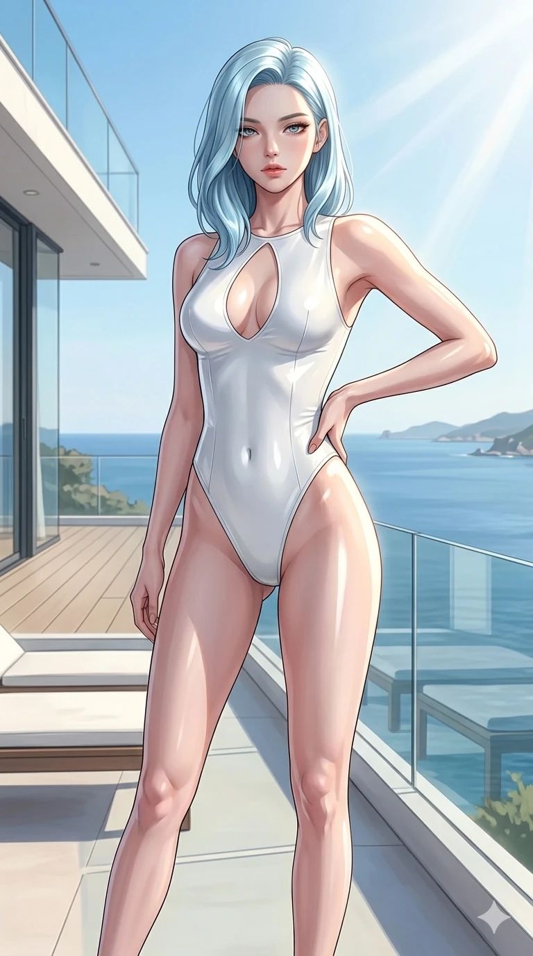 score_9, masterpiece, best quality, ultra-detailed, high-budget anime keyframe, editorial fashion photography, tasteful artistic composition, Korean woman. cowboy shot from the thighs up, character and outfit filling the frame for maximum editorial presence. resting her hand on her hip, arching her back slightly to capture the sun, with bedroom eyes on a private sun-deck of a cliffside villa overlooking the sea (Code-P16-084). She has an absolutely perfect 8-heads proportion, an exceptionally tall and slender female figure with impossibly long slender legs and an ultra-slim waist. V-shaped jawline, high-bridge nose, intricate jewel-like eyes with depth, thick eyelashes, glossy lips with a natural sheen. wearing a skin-tight white latex bodysuit with high-cut lines and an elegant keyhole cutout. drenched in brilliant afternoon sunshine, highlighting her sleek silhouette and smooth skin. 2k, ultra detail, master piece, 9:16 ratio