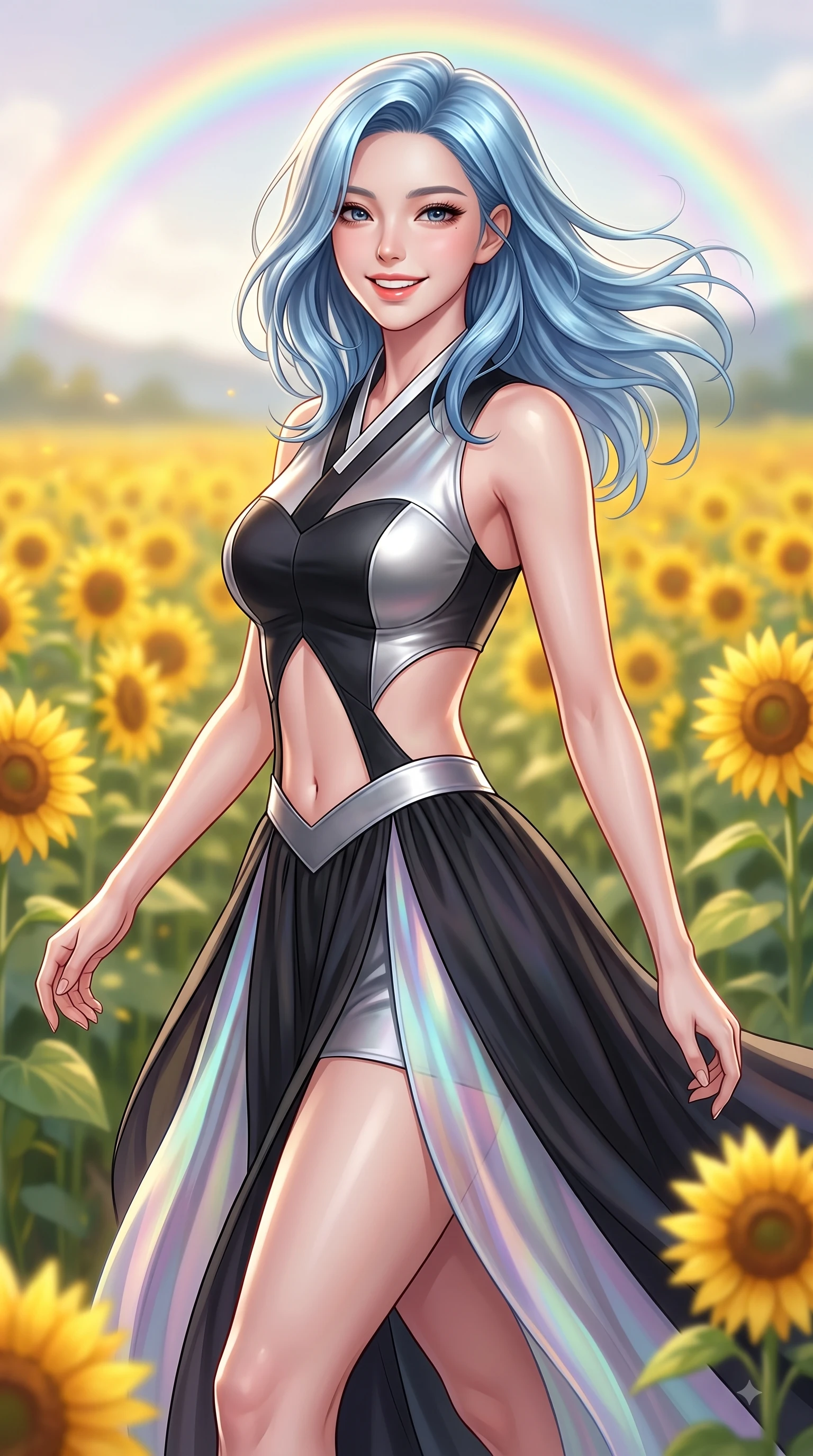 score_9, masterpiece, best quality, ultra-detailed, high-budget anime keyframe, editorial fashion photography, tasteful artistic composition, Korean woman. close-up cowboy shot from the waist and thighs up, the character dominates the composition, filling the frame with her large presence, background elements kept in soft focus. Cheerful beaming smile with parted lips, exuding pure enchanting charm while turning dynamically toward the camera while pivoting in a cheerful stride through a sunlit flower meadow with an open infectious smile, vivid golden sunflowers swaying in a gentle spring breeze under a radiant rainbow arc. She has an exceptionally elegant, slender, and willowy female figure with an ultra-slim waist, a gracefully sculpted slender torso, and a refined silhouette. sharp v-shaped jawline, high-bridge nose, intricate jewel-like eyes with depth, thick eyelashes, glossy lips with a natural sheen, flawlessly proportioned anatomical accuracy, natural body alignment, perfectly sculpted elegant limbs, clean dynamic posture without body distortion. wearing a modern fusion silk hanbok dress with a structured bodice and flowing skirt in matte black and polished silver, crafted from iridescent chiffon that shifts colors in the light, featuring subtle geometric cutouts that highlight her ultra-slim midriff, the sleek second-skin texture accentuating her magnetic presence. surrounded by a vibrant, uplifting atmosphere filled with golden radiance. highly saturated vibrant anime colors, detailed shading with soft gradients, rich glossy textures, high-contrast stereoscopic depth, volumetric dynamic lighting, master piece, 9:16 ratio