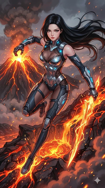 score_9, masterpiece, best quality, ultra-detailed, high-budget anime movie keyframe, cinematic anime lighting, intricate line art, Korean woman. Extreme high angle shot as she leaps towards the camera, filling the frame. manipulating the heat of a v
