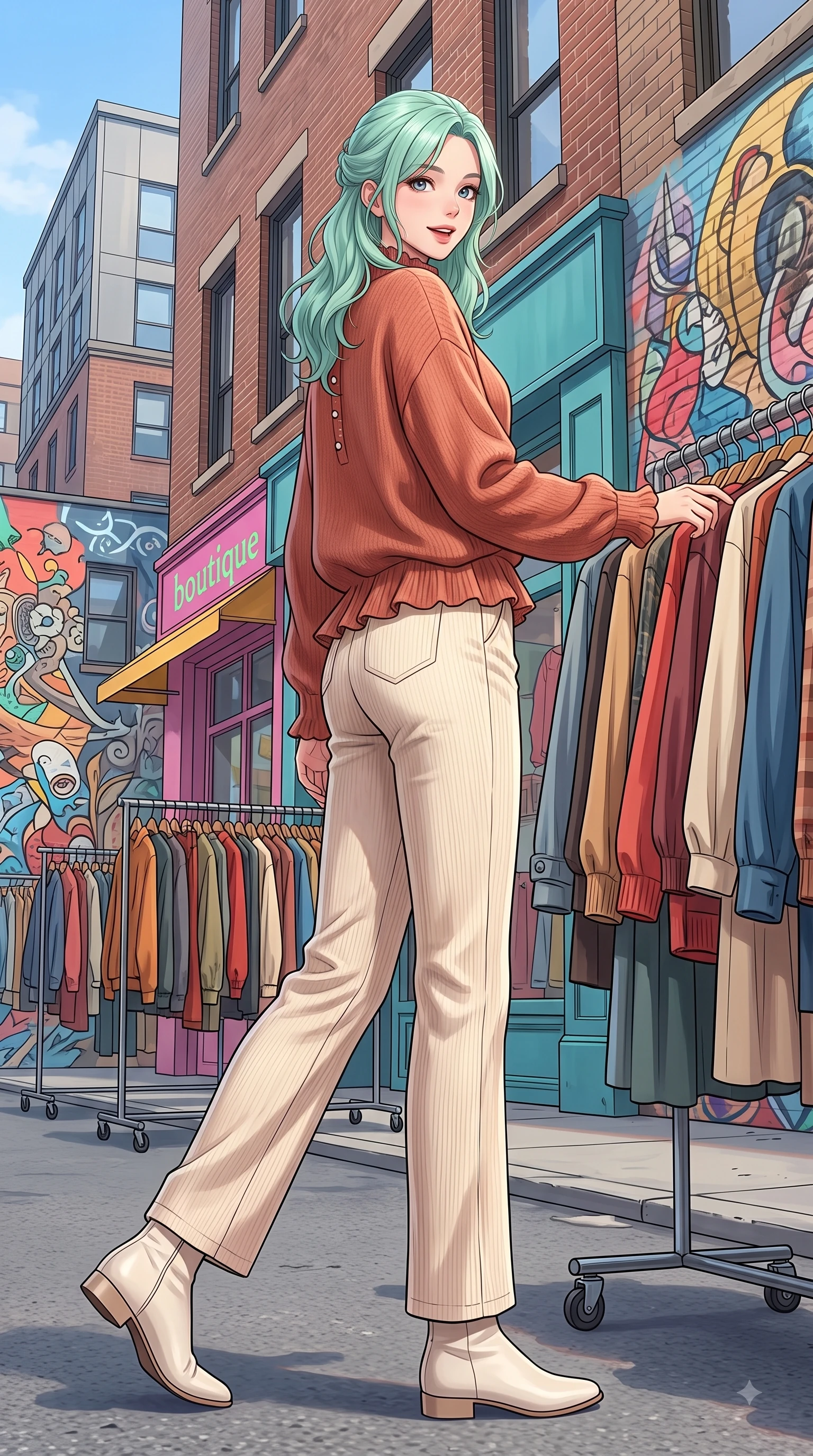 score_9, masterpiece, best quality, ultra-detailed, high-budget anime keyframe, editorial fashion photography, tasteful artistic composition, Japanese woman. low angle full-body shot from head to toe showing her feet, filling the entire 9:16 vertical frame with her statuesque presence, stretching her vertical silhouette. stepping forward gracefully in mid-motion with a delighted cute expression, displaying her statuesque model proportions while browsing outdoor vintage clothing racks with a bright, playful expression looking back at the camera. The surrounding environment is rendered in vivid detail and crisp panoramic clarity. modern brick architecture, vibrant fashion storefronts, and lively street art murals in sharp clarity. She has an absolutely perfect, statuesque 8.5-heads proportion, an exceptionally tall and slender model-like female figure with impossibly long slender legs and an ultra-slim waist. sharp v-shaped jawline, high-bridge nose, intricate jewel-like eyes with depth, thick eyelashes, glossy lips with a natural sheen, flawlessly proportioned anatomical accuracy, natural body alignment, perfectly sculpted elegant limbs, clean dynamic posture without body distortion. wearing an oversized terracotta knit jumper over soft cream corduroy pants in warm coral pink and champagne ivory, knitted from soft cozy cashmere yarn, finished with subtle ruffle trims and delicate pearl buttons, the soft airy drape swaying gracefully with her dynamic movements. illuminated by crisp clear afternoon key light and vibrant street highlights. highly saturated vibrant anime colors, detailed shading with soft gradients, rich glossy textures, high-contrast stereoscopic depth, volumetric dynamic lighting, master piece, 9:16 ratio