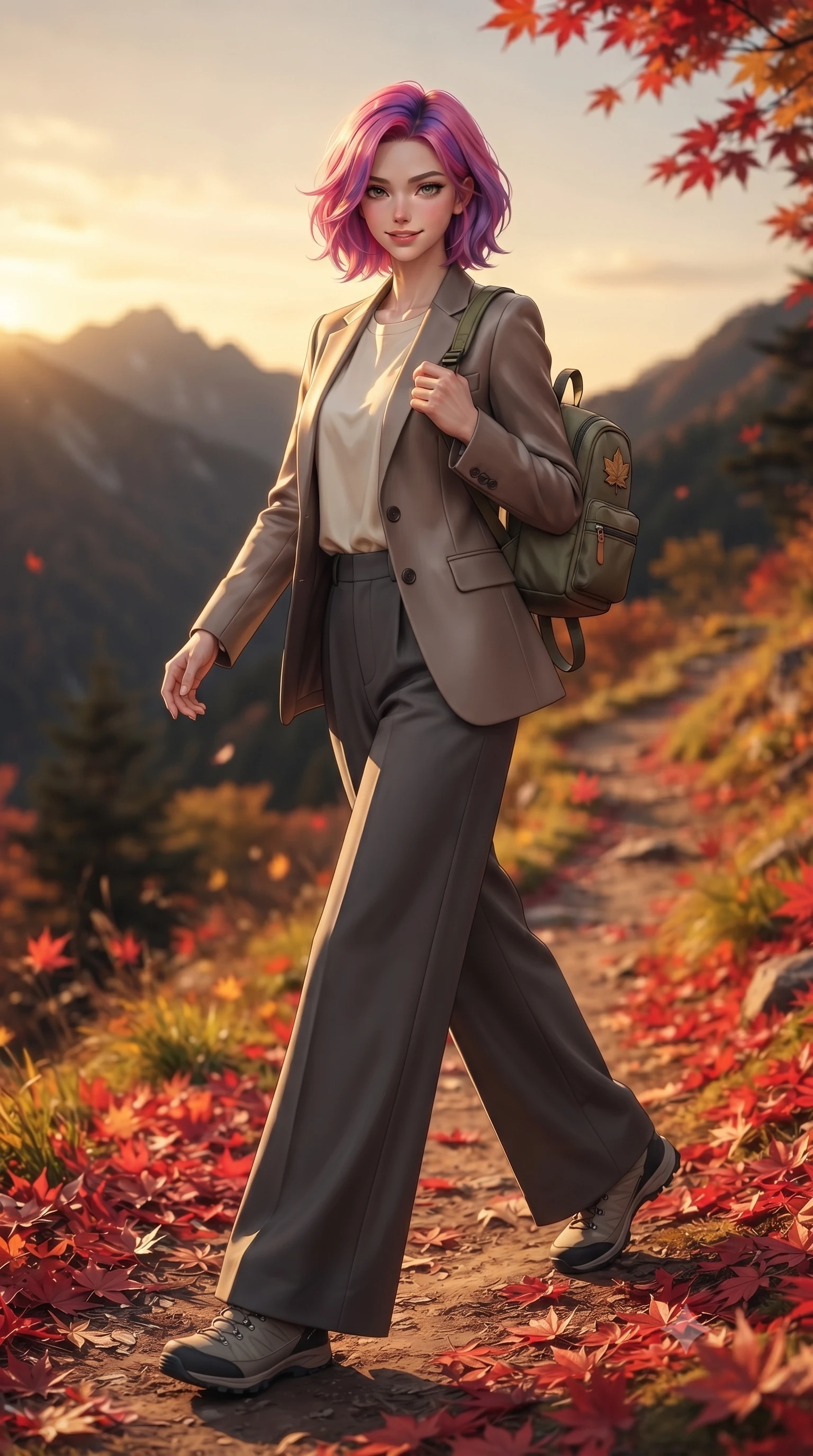 score_9, masterpiece, best quality, ultra-detailed, high-budget anime keyframe, editorial fashion photography, tasteful artistic composition, Caucasian woman. low angle full-body shot from head to toe showing her feet, filling the entire 9:16 vertical frame with her statuesque presence, stretching her vertical silhouette. stepping forward with an alluring, magnetic smile, her graceful posture highlighting her statuesque silhouette set against a soft-focus background of walking through an autumn mountain path covered in red maple leaves carrying a small sporty backpack with a cute hiking badge. She has an absolutely perfect, statuesque 8.5-heads proportion, an exceptionally tall and slender model-like female figure with impossibly long slender legs and an ultra-slim waist. sharp v-shaped jawline, high-bridge nose, intricate jewel-like eyes with depth, thick eyelashes, glossy lips with a natural sheen. wearing body-hugging tailored casual blazer in taupe, paired with a loose tee and wide-leg trousers. golden hour sunset light casting long shadows of mountain peaks across the slope. ultra-reflective glossy finish, specular highlights, metallic sheen, high-contrast stereoscopic depth, volumetric dynamic lighting, 2k, ultra detail, master piece, 9:16 ratio