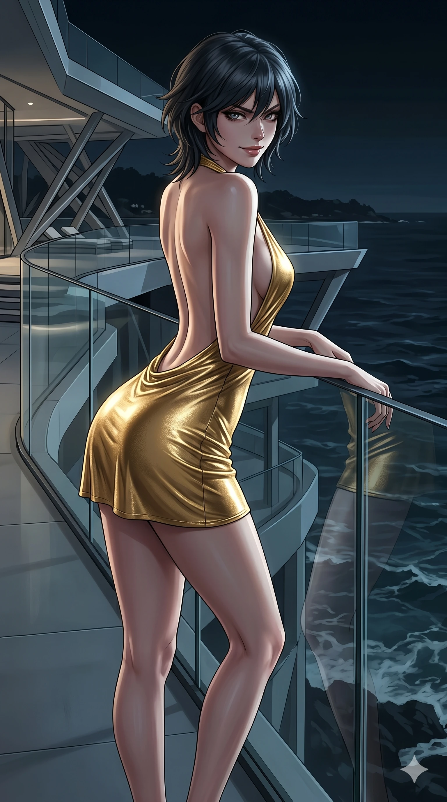 score_9, masterpiece, best quality, ultra-detailed, high-budget anime keyframe, editorial fashion photography, tasteful artistic composition, Caucasian woman, strictly human ears. cowboy shot from the thighs up, character and outfit filling the frame for maximum editorial presence. glancing sidelong over her shoulder with a sharp, venomous smirk, her posture radiating calculating malice leaning over the glass balcony of a futuristic luxury resort by the dark sea (Scenario Code H-29). She has an absolutely perfect 8-heads proportion, an exceptionally tall and slender female figure with impossibly long slender legs and an ultra-slim waist. V-shaped jawline, high-bridge nose, intricate jewel-like eyes with depth, thick eyelashes, glossy lips with a natural sheen. wearing an ultra-deep plunging halter neck micro-dress in liquid gold jersey fabric, leaving her back fully bare. illuminated by a sharp side key light tracing her sleek curves against the darkness. 2k, ultra detail, master piece, 9:16 ratio