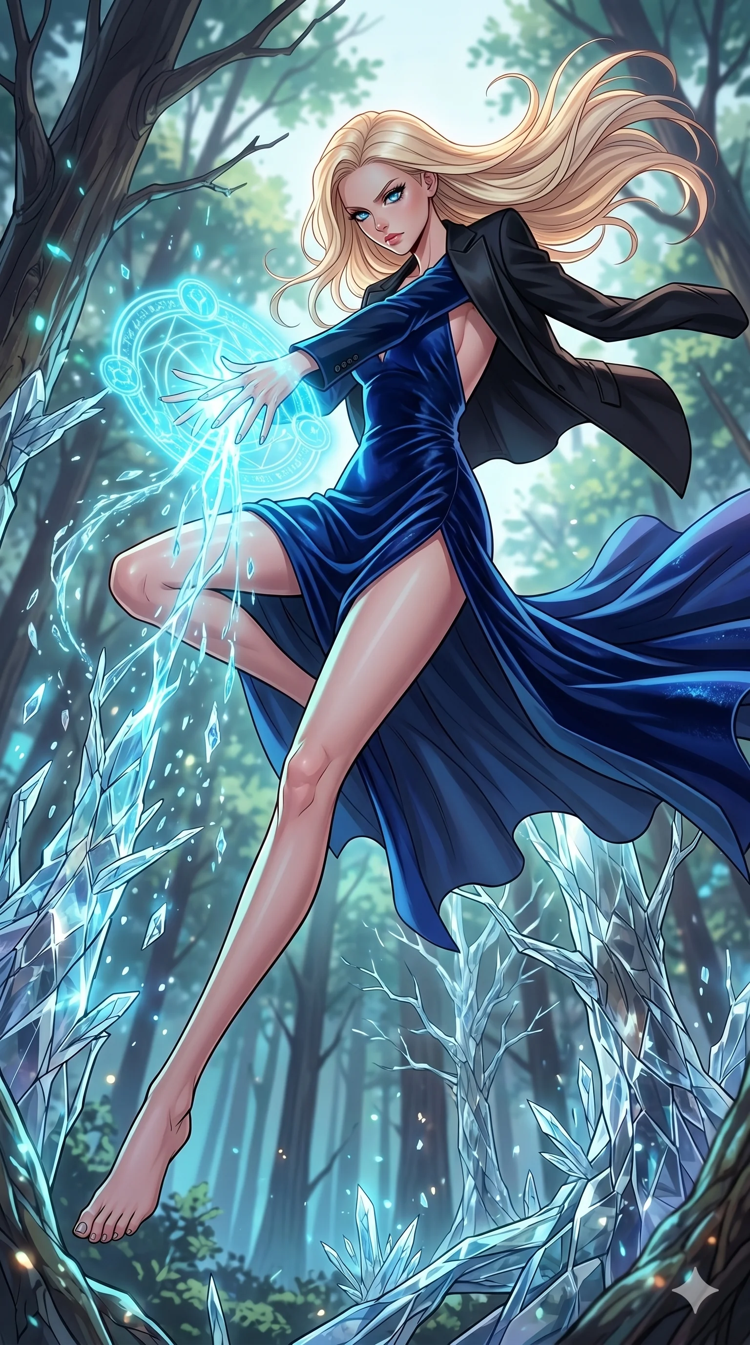 score_9, masterpiece, best quality, ultra-detailed, high-budget anime movie keyframe, cinematic anime lighting, intricate line art, Caucasian (strictly human ears) anime girl. Dynamic full-body shot stretching the vertical silhouette with extreme perspective. casting a spell that turns a forest into a garden of glass. She has an absolutely perfect 8-heads proportion, an exceptionally tall and slender female figure with an ultra-slim waist and impossibly long slender legs. strictly human anatomy, two legs only, no extra limbs, clearly defined legs and arms, perfect anatomy, perfect hands and fingers. sharp v-shaped jawline, high-bridge nose, intricate jewel-like eyes, thick eyelashes, glossy lips. Wearing High-Fashion Editorial: Silk slip dress with high side slit, backless velvet gown, and structured blazer with nothing underneath. The scene is illuminated by dramatic atmospheric lighting and vibrant color palettes. , 2k, ultra detail, master piece, 9:16 ratio