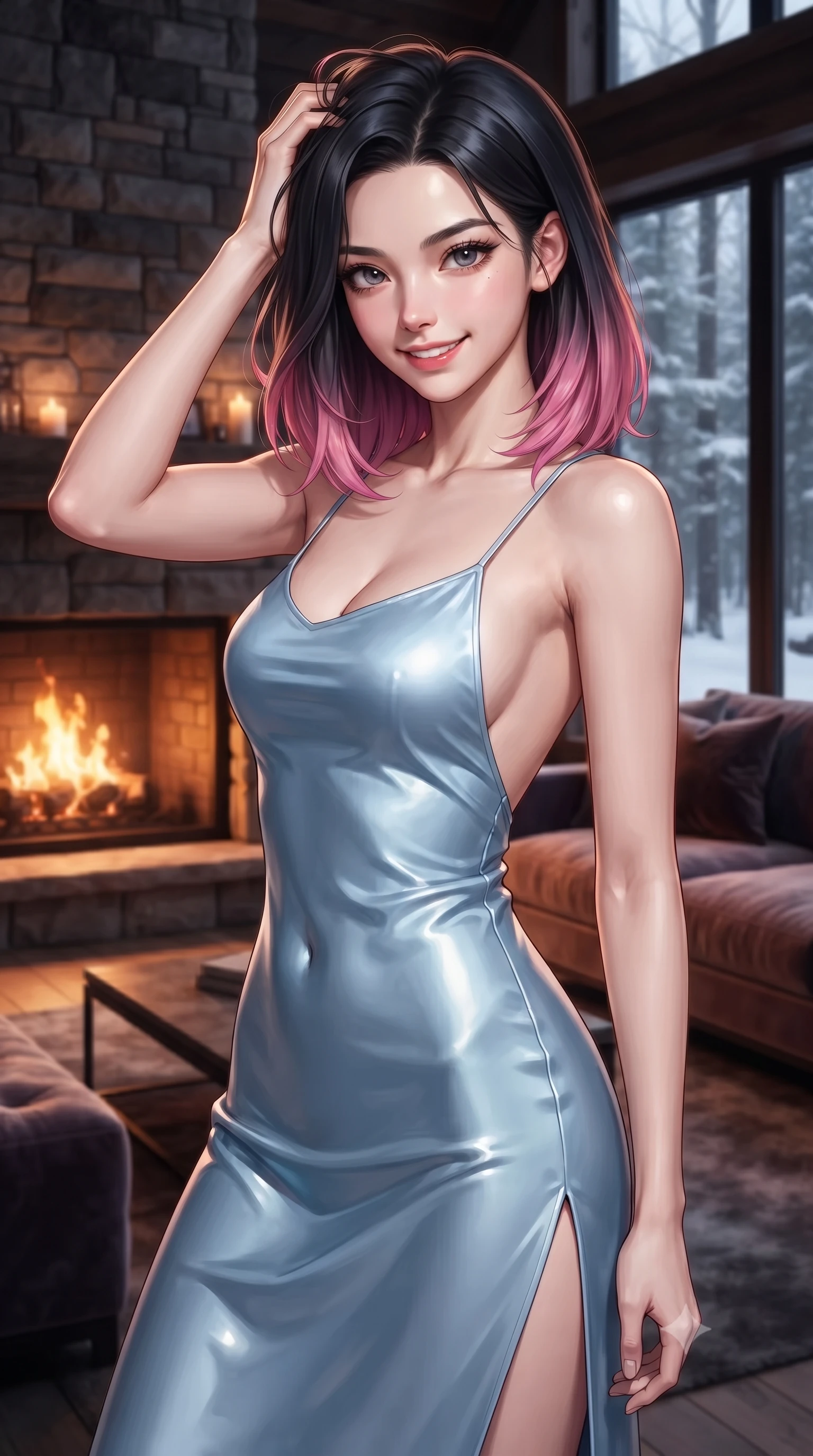 score_9, masterpiece, best quality, ultra-detailed, high-budget anime keyframe, editorial fashion photography, tasteful artistic composition, Korean woman woman. close-up cowboy shot from the waist and thighs up, the character dominates the composition, filling the frame with her large presence, background elements kept in soft focus. smiling with quiet, magnetic self-assurance directly into the camera, running a hand through her hair the background shows a soft-focus a private lounge area with a fireplace and plush velvet sofa, facing snowy woods outside. She has an exceptionally elegant, slender, and willowy female figure with an ultra-slim waist, a gracefully sculpted slender torso, and a refined silhouette. sharp v-shaped jawline, high-bridge nose, intricate jewel-like eyes with depth, thick eyelashes, glossy lips with a natural sheen. wearing a slim-fit lightweight silk slip dress in baby blue with a high side slit and a low-cut back. the warm orange flicker of the hearth fire casting cozy, intimate shadows. ultra-reflective glossy finish, specular highlights, metallic sheen, high-contrast stereoscopic depth, volumetric dynamic lighting, 2k, ultra detail, master piece, 9:16 ratio