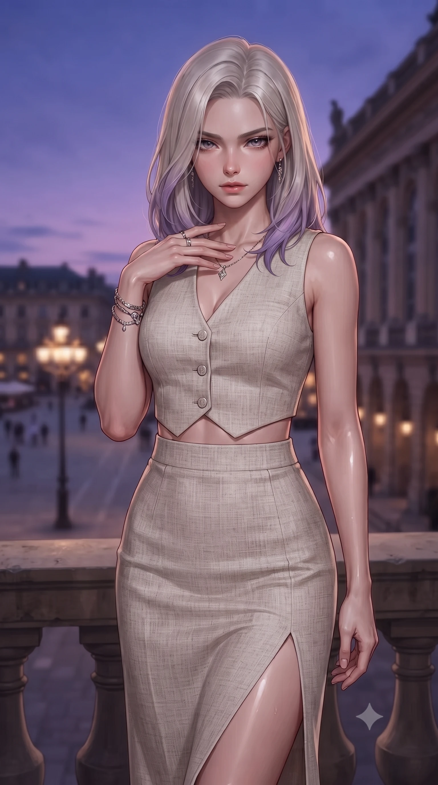 score_9, masterpiece, best quality, ultra-detailed, high-budget anime keyframe, editorial fashion photography, tasteful artistic composition, Caucasian woman. close-up cowboy shot from the waist and thighs up, the character dominates the composition, filling the frame with her large presence, background elements kept in soft focus. standing with one hand resting on her collarbone, looking at the viewer with bedroom-eyes the background shows a soft-focus a scenic terrace of an opera house overlooking a historic European city plaza at dusk. She has an exceptionally elegant, slender, and willowy female figure with an ultra-slim waist, a gracefully sculpted slender torso, and a refined silhouette. sharp v-shaped jawline, high-bridge nose, intricate jewel-like eyes with depth, thick eyelashes, glossy lips with a natural sheen. wearing a slim-fit tailored vacation outfit of a linen crop vest and a matching side-slit midi skirt, revealing a subtle waist cutout. deep violet twilight sky glow contrasting with the warm lights of the streetlamps. ultra-reflective glossy finish, specular highlights, metallic sheen, high-contrast stereoscopic depth, volumetric dynamic lighting, 2k, ultra detail, master piece, 9:16 ratio