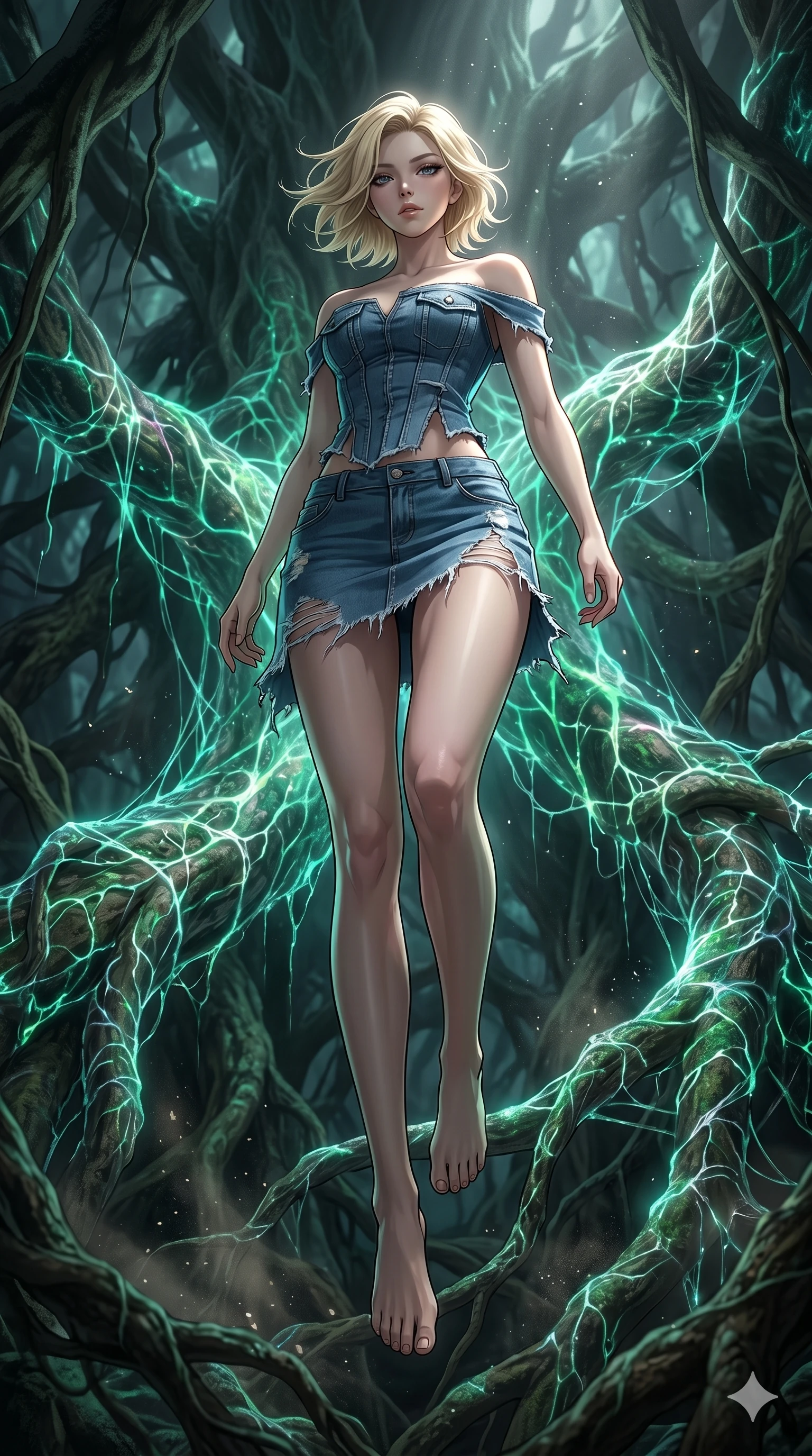 score_9, masterpiece, best quality, ultra-detailed, high-budget anime keyframe, Korean woman. low angle full-body shot filling the entire 9:16 frame with her statuesque presence, stretching the vertical silhouette. jumping amidst giant ancient tree roots wrapped in trillions of glowing mycelium threads pulsing with emerald and opal light. She has an absolutely perfect 8-heads proportion, an exceptionally tall and slender female figure with impossibly long slender legs and an ultra-slim waist. V-shaped jawline, high-bridge nose, intricate jewel-like eyes with depth, thick eyelashes, glossy lips with a natural sheen.. wearing a deconstructed denim corset and an asymmetric ripped denim micro-skirt, showcasing a rugged yet chic off-shoulder style. illuminated by dramatic chiaroscuro casting soft shadows along her curves, with vibrant backlighting highlighting the dust particles. 2k, ultra detail, master piece, 9:16 ratio