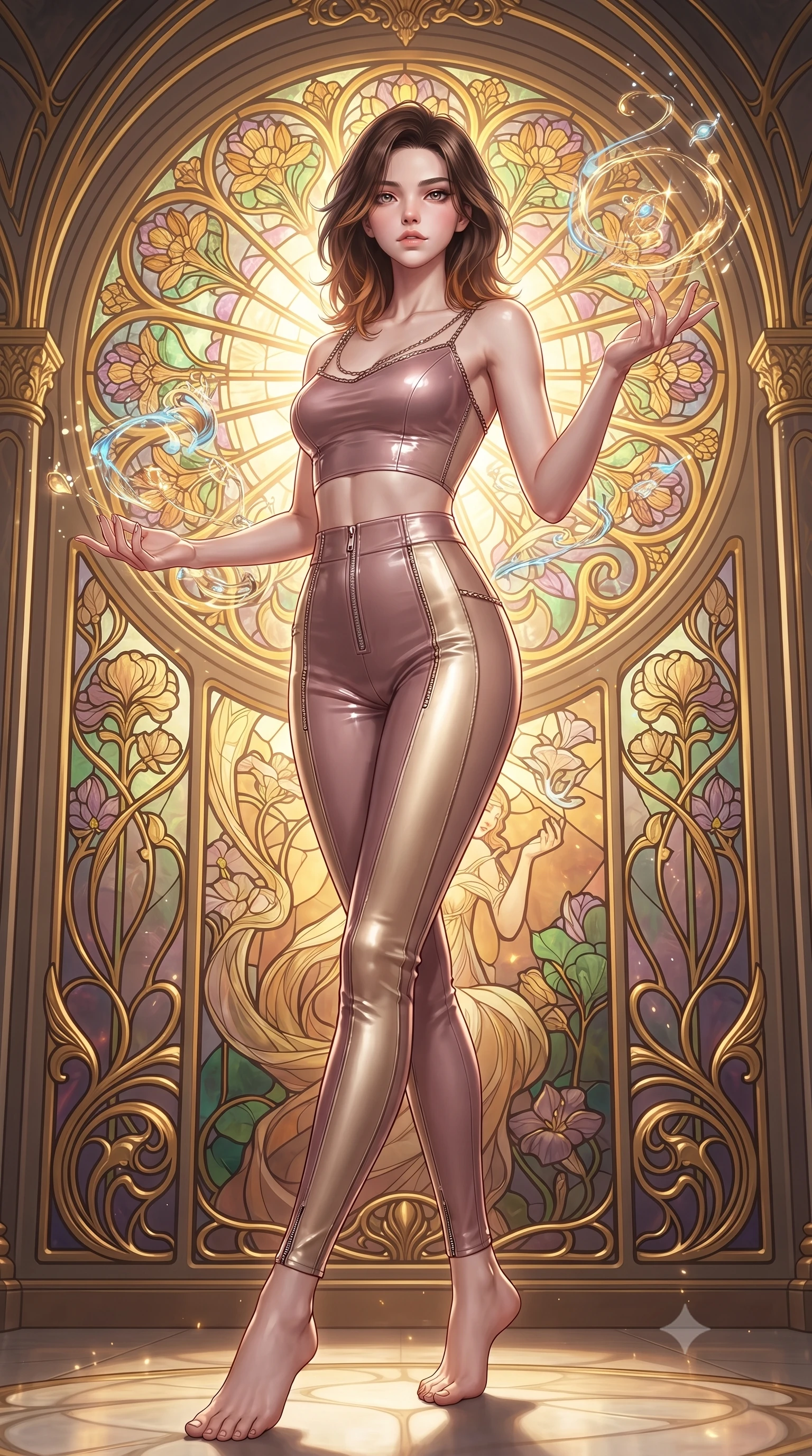 score_9, masterpiece, best quality, ultra-detailed, high-budget anime keyframe, editorial fashion photography, tasteful artistic composition, Korean woman. low angle full-body shot from head to toe showing her feet, filling the entire 9:16 vertical frame with her statuesque presence, stretching her vertical silhouette. interacting gracefully with the magical floating elements while maintaining a confident posture standing before a monumental Art Nouveau stained glass rose window, golden filigree details on the architecture shining with brilliant luster. She has an absolutely perfect, statuesque 8.5-heads proportion, an exceptionally tall and slender model-like female figure with impossibly long slender legs and an ultra-slim waist. sharp v-shaped jawline, high-bridge nose, intricate jewel-like eyes with depth, thick eyelashes, glossy lips with a natural sheen. wearing a glossy vinyl crop top and high-waist tailored leggings with sleek zippers in dusty rose and champagne gold, woven from fine semi-opaque sheer organza, adorned with delicate metallic chain straps along the neckline, the form-contouring material highlighting her ultra-slim waist and long lines. surrounded by a glowing divine aura of sunbeams and incense radiance. ultra-reflective glossy finish, specular highlights, metallic sheen, high-contrast stereoscopic depth, volumetric dynamic lighting, 2k, ultra detail, master piece, 9:16 ratio