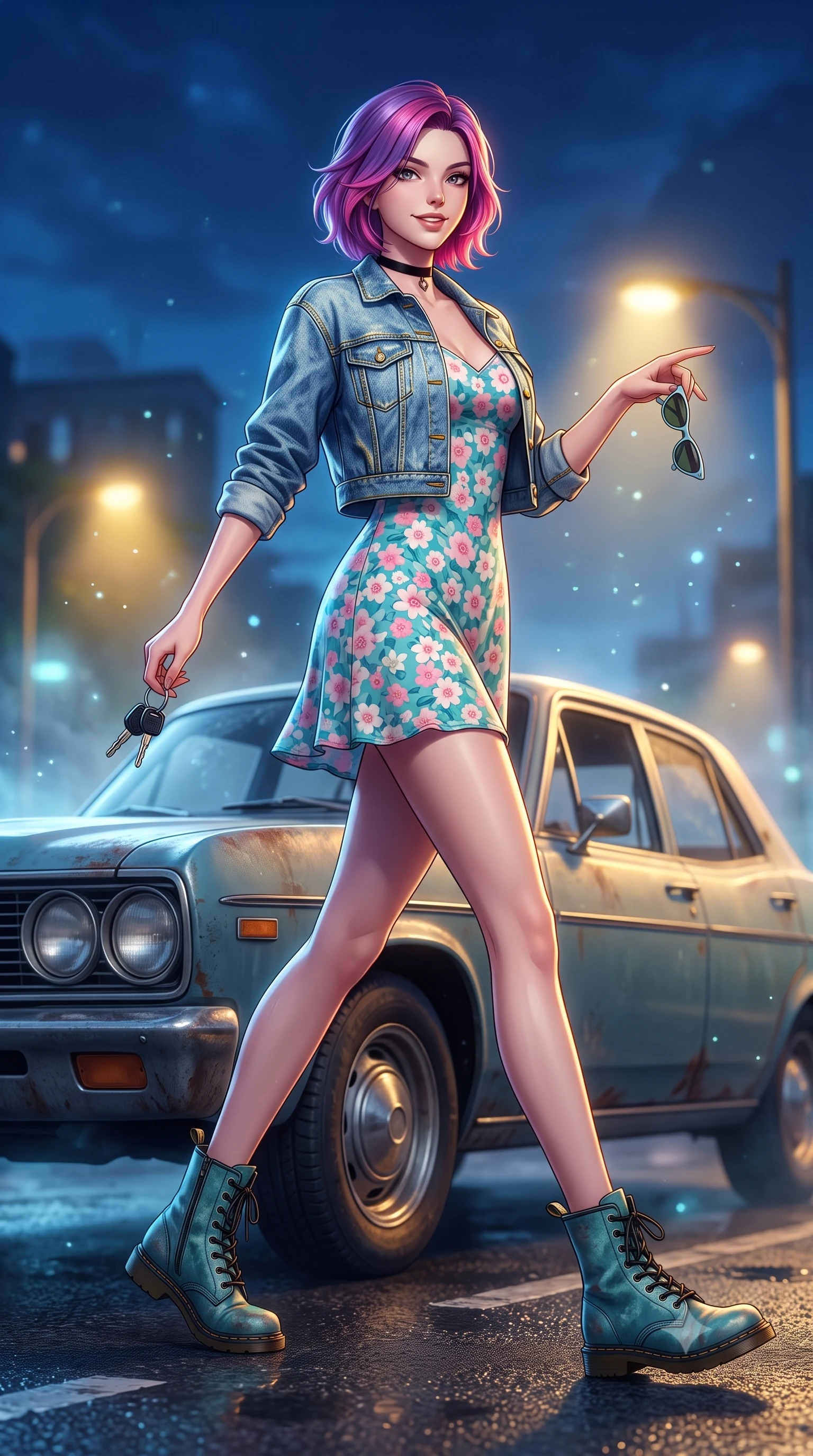score_9, masterpiece, best quality, ultra-detailed, high-budget anime keyframe, semi-realistic 3D game render, editorial fashion photography, tasteful artistic composition, Caucasian woman. low angle full-body shot from head to toe showing her feet, filling the entire 9:16 vertical frame with her statuesque presence, stretching her vertical silhouette. striding forward in a proud, dynamic supermodel runway stride, her statuesque vertical silhouette commanding the entire frame while pivoting dynamically beside the car door with keys swinging from her finger and a confident, carefree retro smile. The composition keeps background elements in soft focus with creamy bokeh. cool ocean mist and streetlamp halos scattering dreamy nostalgic light motes across the road. She has an absolutely perfect, statuesque 8.5-heads proportion, an exceptionally tall and slender model-like female figure with impossibly long slender legs, a toned flat midriff, and an ultra-slim waist. sharp v-shaped jawline, high-bridge nose, intricate jewel-like eyes with depth, thick eyelashes, glossy lips with a natural sheen, captivating and magnetic expression, flawlessly proportioned anatomical accuracy, strict slender model proportions, natural body alignment, perfectly sculpted long slender limbs, ultra-slim waistline, clean dynamic posture without body distortion. wearing a classic cropped acid-wash denim jacket paired with a floral print slip dress and combat boots in retro turquoise, baby pink, and white, tailored from fine British wool tweed and comfortable stretch cotton, finished with a delicate black velvet ribbon choker and vintage sunglasses, the form-contouring material adhering flawlessly to her sculpted flat midriff and slender torso, emphasizing her long leg lines and perfectly proportioned willowy build. bathed in warm yellow streetlamp illumination and cool blue midnight sky ambient fill. highly saturated vibrant anime colors, detailed shading with soft gradients, rich glossy textures, high-contrast stereoscopic depth, volumetric dynamic lighting, master piece, 9:16 ratio