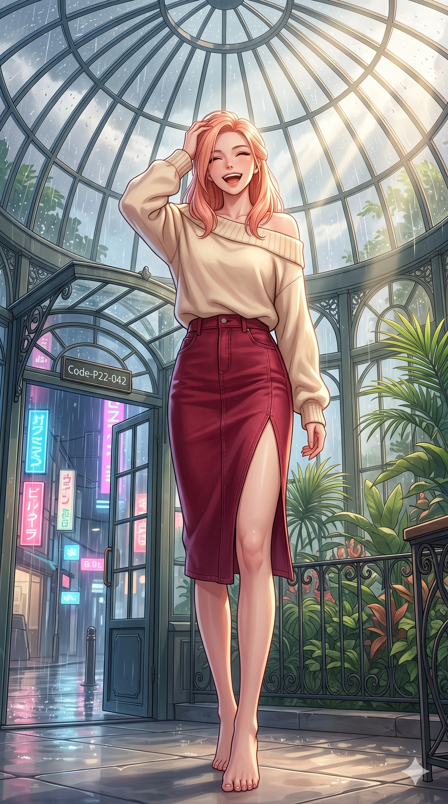 score_9, masterpiece, best quality, ultra-detailed, high-budget anime keyframe, vibrant anime aesthetic, Japanese woman. low angle full-body shot from head to toe showing her feet, filling the entire 9:16 vertical frame with her statuesque presence, stretching her vertical silhouette. She is laughing happily while running her fingers through her hair in the rain, with her eyes bright and full of life under the glass conservatory dome. by the entrance of a high-fashion boutique with a glass awning, overlooking rain-slicked city streets reflecting neon signs (Code-P22-042). She has an absolutely perfect 8-heads proportion, an exceptionally tall and slender female figure with impossibly long slender legs and an ultra-slim waist. V-shaped jawline, high-bridge nose, intricate jewel-like eyes with depth, thick eyelashes, glossy lips with a natural sheen. wearing an off-shoulder oversized sweater paired with a refined side vent denim skirt in deep crimson. She is bathed in volumetric morning sunbeams piercing through rain clouds, accentuating her slender silhouette in the cozy indoor garden. 2k, ultra detail, master piece, 9:16 ratio