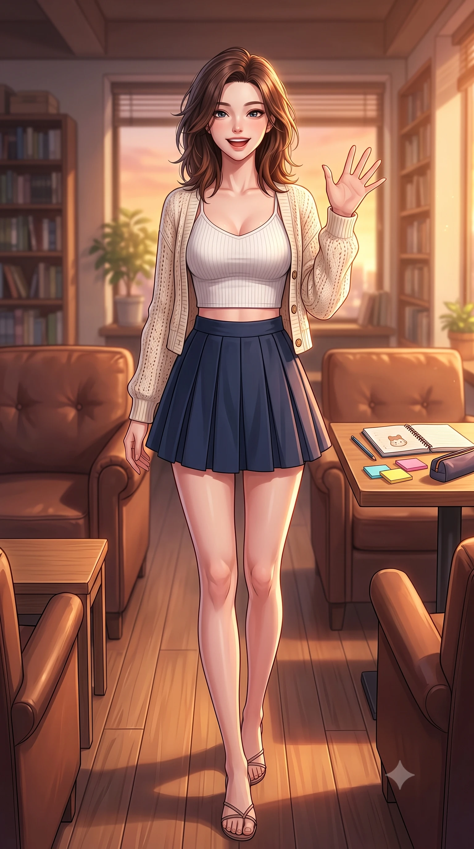 score_9, masterpiece, best quality, ultra-detailed, high-budget anime keyframe, editorial fashion photography, tasteful artistic composition, Korean woman. low angle full-body shot from head to toe showing her feet, filling the entire 9:16 vertical frame with her statuesque presence, stretching her vertical silhouette. stepping forward with a bright, cheerful smile, waving happily at the viewer set against a soft-focus background of in a cozy book cafe corner with leather armchairs and wooden side tables with a cute notebook, a pencil case, and colorful sticky notes on the table. She has an absolutely perfect, statuesque 8.5-heads proportion, an exceptionally tall and slender model-like female figure with impossibly long slender legs and an ultra-slim waist. sharp v-shaped jawline, high-bridge nose, intricate jewel-like eyes with depth, thick eyelashes, glossy lips with a natural sheen. wearing body-hugging crop top under an open knit cardigan, paired with a high-waist pleated A-line skirt. cozy golden hour sunset light illuminating the dusty bookshelves with a warm glow. highly saturated vibrant anime colors, detailed shading with soft gradients, rich glossy textures, high-contrast stereoscopic depth, volumetric dynamic lighting, master piece, 9:16 ratio