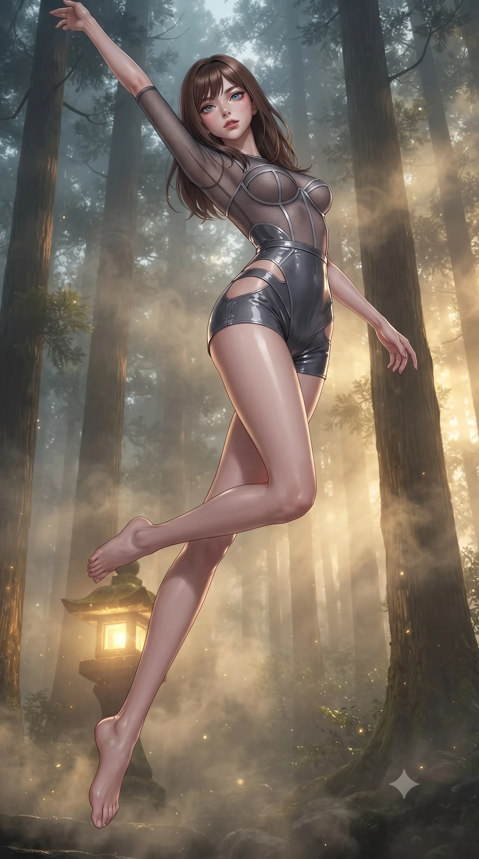 score_9, masterpiece, best quality, ultra-detailed, high-budget anime keyframe, editorial fashion photography, tasteful artistic composition, Korean woman. low angle full-body shot from head to toe showing her feet, filling the entire 9:16 vertical frame with her statuesque presence, stretching her vertical silhouette. leaping gracefully through the environment with statuesque elegance and long slender legs standing near a sacred stone lantern glowing softly in a cedar grove at dawn, morning fog scattering golden sunlight through towering cedar trees. She has an absolutely perfect, statuesque 8.5-heads proportion, an exceptionally tall and slender model-like female figure with impossibly long slender legs and an ultra-slim waist. sharp v-shaped jawline, high-bridge nose, intricate jewel-like eyes with depth, thick eyelashes, glossy lips with a natural sheen. wearing a delicate see-through mesh top with structured cup boning and micro-shorts in charcoal grey and platinum, tailored from high-gloss patent leather, featuring clean architectural cutouts along her slender torso, the sleek second-skin texture accentuating her magnetic presence. bathed in mystical golden morning light filtered through dense forest fog. ultra-reflective glossy finish, specular highlights, metallic sheen, high-contrast stereoscopic depth, volumetric dynamic lighting, 2k, ultra detail, master piece, 9:16 ratio