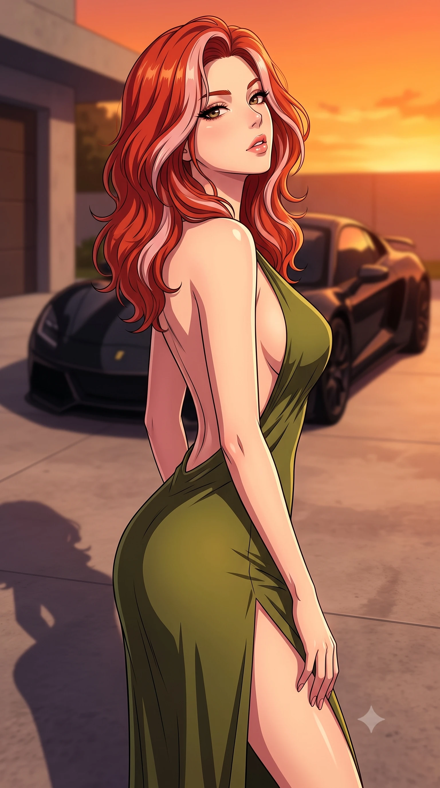 score_9, masterpiece, best quality, ultra-detailed, high-budget anime keyframe, tasteful artistic composition, Caucasian woman. close-up cowboy shot from the waist and thighs up, the character dominates the composition, filling the frame with her large presence, background elements kept in soft focus. tilting her chin up slightly with lips parted in a composed, provocative expression the background shows a soft-focus a modern concrete driveway facing a sleek black sports car at sunset. She has an exceptionally elegant, slender, and willowy female figure with an ultra-slim waist, a gracefully sculpted slender torso, and a refined silhouette. sharp v-shaped jawline, high-bridge nose, intricate jewel-like eyes with depth, thick eyelashes, glossy lips with a natural sheen. wearing a form-contouring dramatic open-back maxi dress in olive green, featuring a high thigh slit. the dramatic orange glow of a sunset casting long shadows of the car and her figure. highly saturated vibrant anime colors, cel-shading, 2d style, master piece, 9:16 ratio