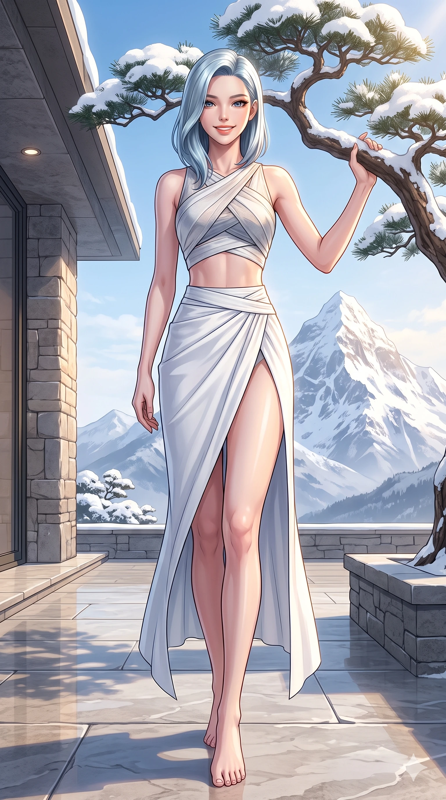 score_9, masterpiece, best quality, ultra-detailed, high-budget anime keyframe, vibrant anime aesthetic, Korean woman. low angle full-body shot from head to toe showing her feet, filling the entire 9:16 vertical frame with her statuesque presence, stretching her vertical silhouette. She is posing with a radiant, confident smile, resting one hand on a snow pine arch inside a modern minimalist villa patio facing the snow peak (Code-P21-048). She has an absolutely perfect 8-heads proportion, an exceptionally tall and slender female figure with impossibly long slender legs and an ultra-slim waist. V-shaped jawline, high-bridge nose, intricate jewel-like eyes with depth, thick eyelashes, glossy lips with a natural sheen. wearing a modern fusion top with an exposed waist and a high-slit wrap skirt in snow. She is bathed in a luminous, warm sunshine highlighting her winter silhouette and features. 2k, ultra detail, master piece, 9:16 ratio