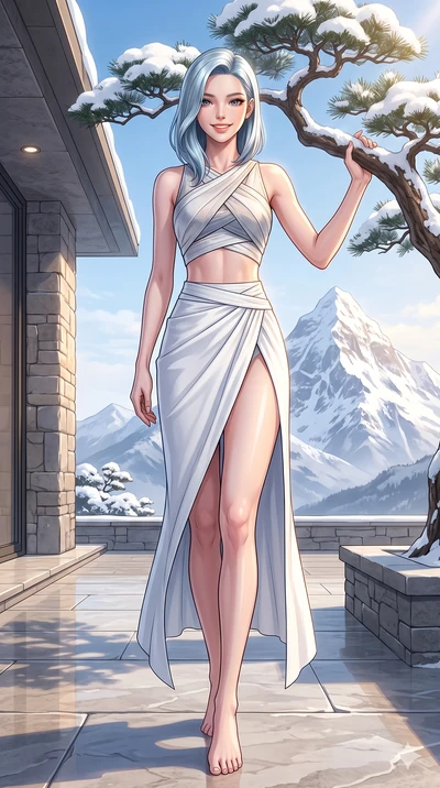 score_9, masterpiece, best quality, ultra-detailed, high-budget anime keyframe, vibrant anime aesthetic, Korean woman. low angle full-body shot from head to toe showing her feet, filling the entire 9:16 vertical frame with her statuesque presence, st