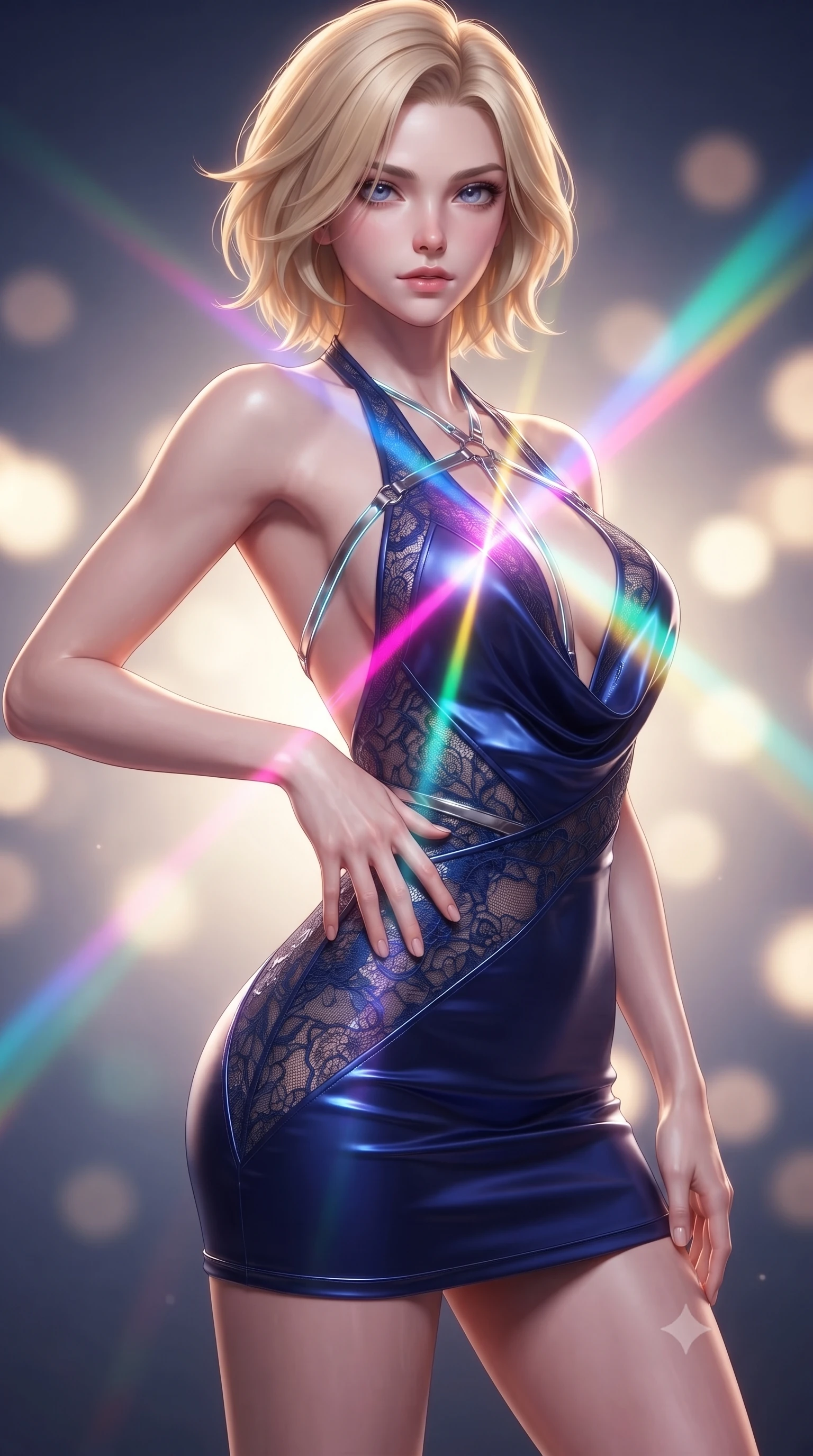 score_9, masterpiece, best quality, ultra-detailed, high-budget anime keyframe, editorial fashion photography, tasteful artistic composition, Caucasian woman. close-up cowboy shot from the waist and thighs up, the character dominates the composition, filling the frame with her large presence. twisting her upper body in a dynamic S-curve with an alluring smolder, one hand trailing along her slender waist while twisting her upper body in a dynamic S-curve as brilliant magenta, cyan, and yellow prism beams cross her chest. The composition keeps background elements in soft focus with creamy bokeh. bright multi-colored light refractions creating a glowing, spectrum-lit backdrop. She has an exceptionally elegant, slender, and willowy female figure with an ultra-slim waist, a gracefully sculpted slender torso, toned flat midriff, and a refined slim silhouette. sharp v-shaped jawline, high-bridge nose, intricate jewel-like eyes with depth, thick eyelashes, glossy lips with a natural sheen, flawlessly proportioned anatomical accuracy, strict slender model proportions, natural body alignment, perfectly sculpted long slender limbs, ultra-slim waistline, clean dynamic posture without body distortion. wearing a form-contouring liquid satin halter-neck mini dress with a deep crossover cowl front, open back, and ultra-slender waist drape in deep royal navy blue and specular chrome, crafted from delicate dark lace interwoven with luminescent micro-fibers, reinforced by a sleek metallic chrome harness and delicate glowing micro-straps, the sleek second-skin cut tightly hugging her graceful clavicle, narrow waist, and feminine curves with athletic precision. bathed in brilliant natural white daylight intersected by vivid saturated rainbow prism beams. ultra-reflective glossy finish, specular highlights, metallic sheen, high-contrast stereoscopic depth, volumetric dynamic lighting, 2k, ultra detail, master piece, 9:16 ratio