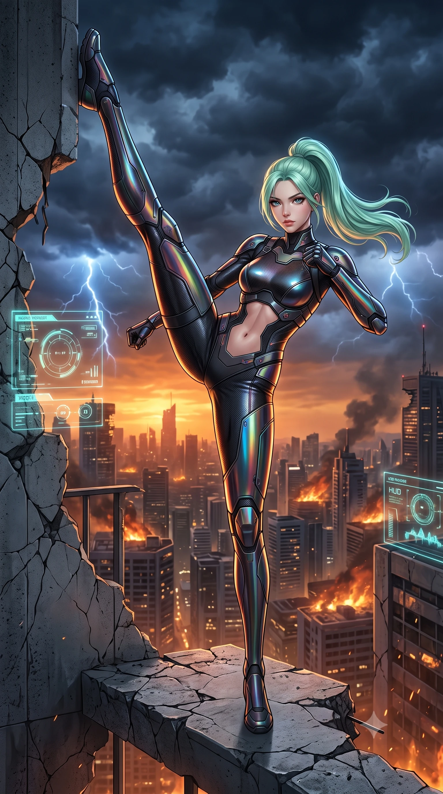 score_9, masterpiece, best quality, ultra-detailed, high-budget anime keyframe, semi-realistic 3D game render, editorial fashion photography, tasteful artistic composition, Japanese woman. low angle full-body shot from head to toe showing her feet, filling the entire 9:16 vertical frame with her statuesque presence, stretching her vertical silhouette. executing a breathtaking zero-gravity high-kick with full 180-degree vertical extension, her impossibly long slender legs dominating the frame with razor-sharp poise while standing poised on the cracked edge of a shattered skyscraper balcony overlooking a burning dystopian megacity under dark storm clouds. The surrounding environment is rendered in vivid detail and crisp panoramic clarity. sharp cracked concrete ledge textures, glowing holographic HUD visor glyphs, and rain-slicked carbon armor in deep focus. She has an absolutely perfect, statuesque 8.5-heads proportion, an exceptionally tall and slender model-like female figure with impossibly long slender legs, a toned flat midriff, and an ultra-slim waist. sharp v-shaped jawline, high-bridge nose, intricate jewel-like eyes with depth, thick eyelashes, glossy lips with a natural sheen, fierce and resolute heroine expression, flawlessly proportioned anatomical accuracy, strict slender model proportions, natural body alignment, perfectly sculpted long slender limbs, ultra-slim waistline, clean dynamic posture without body distortion. wearing a crystal-clear transparent armored riot-visor helmet showing her entire beautiful face and determined expression with pristine clarity, paired with a tailored tactical combat jumpsuit with an open-back harness design, reinforced composite breastplate, and high-mobility elbow dampers in high-gloss iridescent rainbow carbon with scorched titanium plating, formed from high-gloss patent carbon-plating with specular dystopian chiaroscuro reflections, finished with high-mobility flexible armor articulation seams and miniature magnetic locks, the form-contouring material adhering flawlessly to her sculpted flat midriff and slender torso, emphasizing her long leg lines and perfectly proportioned willowy build. bathed in ominous amber horizon fire glow and cold blue storm lightning flashes. rich saturated anime colors with glowing neon highlights, detailed shading with soft gradients, rich glossy textures, high-contrast stereoscopic depth, volumetric dynamic lighting, master piece, 9:16 ratio