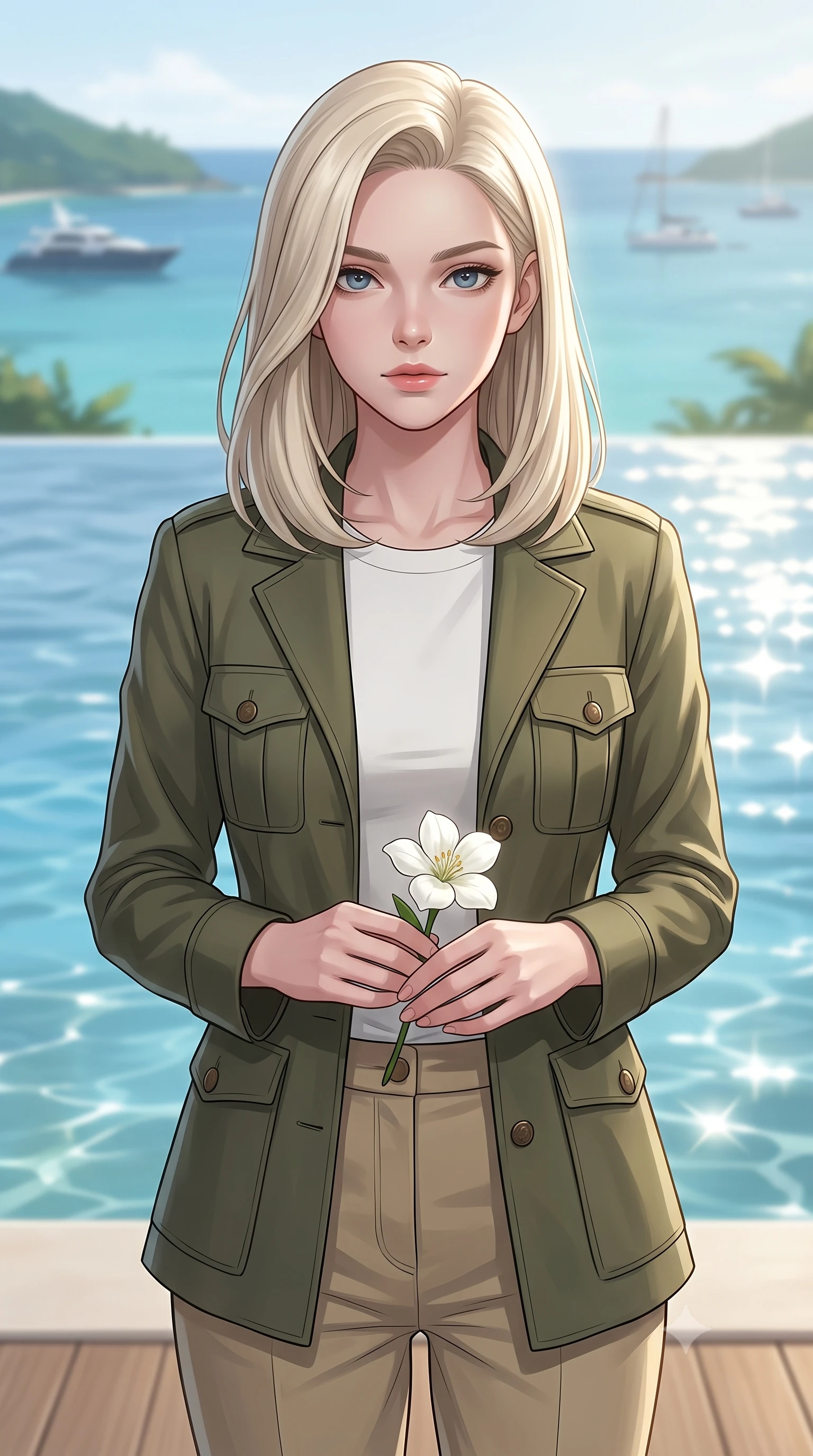 score_9, masterpiece, best quality, ultra-detailed, high-budget anime keyframe, editorial fashion photography, tasteful artistic composition, Caucasian woman woman. close-up cowboy shot from the waist and thighs up, the character dominates the composition, filling the frame with her large presence, background elements kept in soft focus. gazing directly at the viewer with a calm and welcoming expression, holding a fresh flower the background shows a soft-focus an infinity pool deck overlooking a tropical bay, with passing yachts in the distant soft focus. She has an exceptionally elegant, slender, and willowy female figure with an ultra-slim waist, a gracefully sculpted slender torso, and a refined silhouette. sharp v-shaped jawline, high-bridge nose, intricate jewel-like eyes with depth, thick eyelashes, glossy lips with a natural sheen. wearing a form-contouring tailored olive green safari jacket over a white crewneck top and khaki pants. shimmering sunbeams creating sparkling reflections off the water surface. 2k, ultra detail, master piece, 9:16 ratio