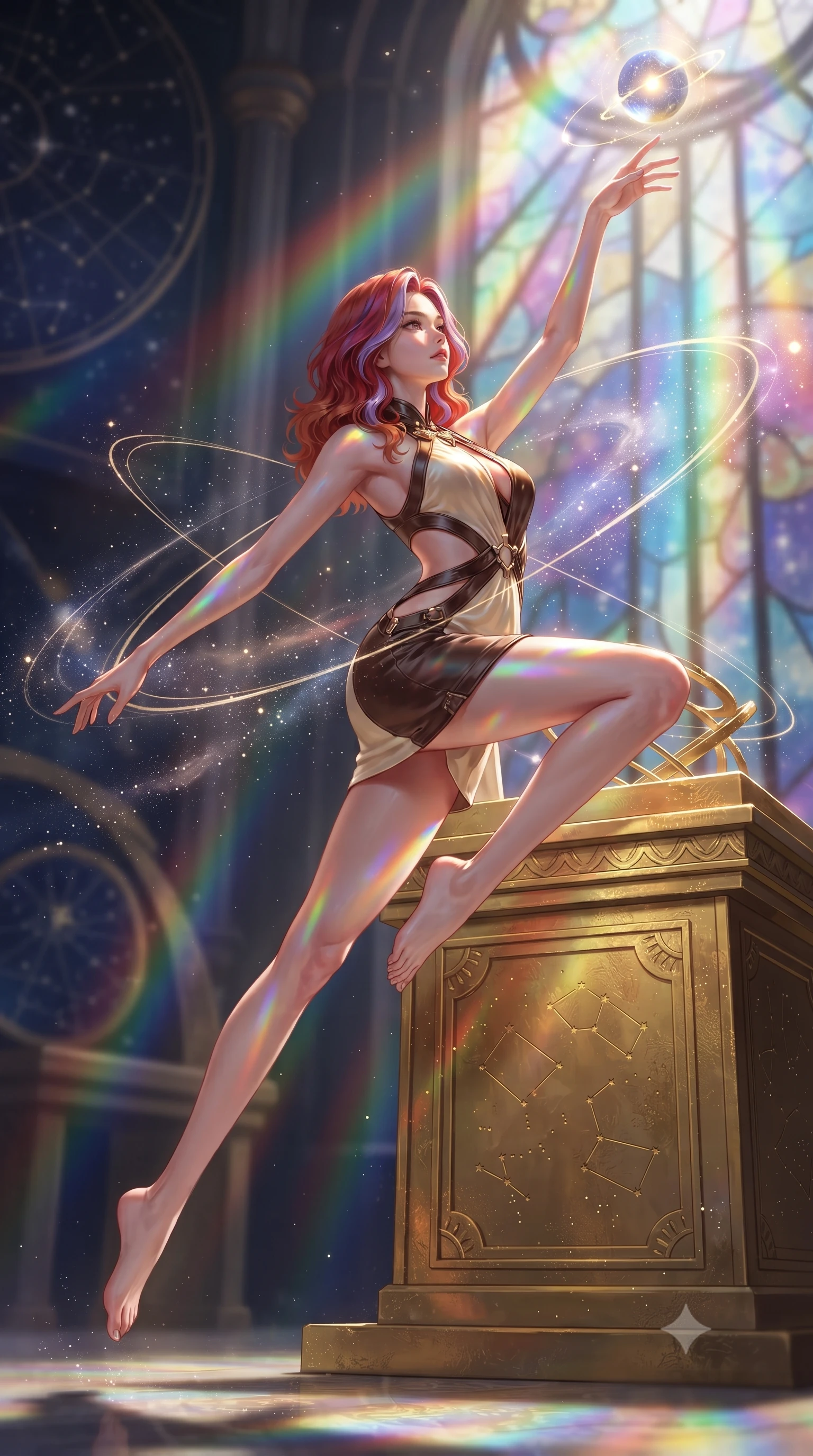score_9, masterpiece, best quality, ultra-detailed, high-budget anime keyframe, editorial fashion photography, tasteful artistic composition, Caucasian woman. low angle full-body shot from head to toe showing her feet, filling the entire 9:16 vertical frame with her statuesque presence, stretching her vertical silhouette. leaping gracefully through mid-air with statuesque elegance, her impossibly long slender legs stretched in perfect balance while reaching her hand toward a glowing celestial orb hovering over a golden altar, floating starlight dust drifting around her in dynamic orbital paths. She has an absolutely perfect, statuesque 8.5-heads proportion, an exceptionally tall and slender model-like female figure with impossibly long slender legs and an ultra-slim waist. sharp v-shaped jawline, high-bridge nose, intricate jewel-like eyes with depth, thick eyelashes, glossy lips with a natural sheen, flawlessly proportioned anatomical accuracy, natural body alignment, perfectly sculpted elegant limbs, clean dynamic posture without body distortion. wearing a dramatic open-waist cutout mini dress framed by sculptural hardware in espresso brown and warm cream, crafted from smooth liquid silk, accented with a Tasteful chest slit framing her clavicle gracefully, the form-contouring material highlighting her ultra-slim waist and long lines. illuminated by cascading rainbow prismatic light refracting through stained glass. ultra-reflective glossy finish, specular highlights, metallic sheen, high-contrast stereoscopic depth, volumetric dynamic lighting, 2k, ultra detail, master piece, 9:16 ratio